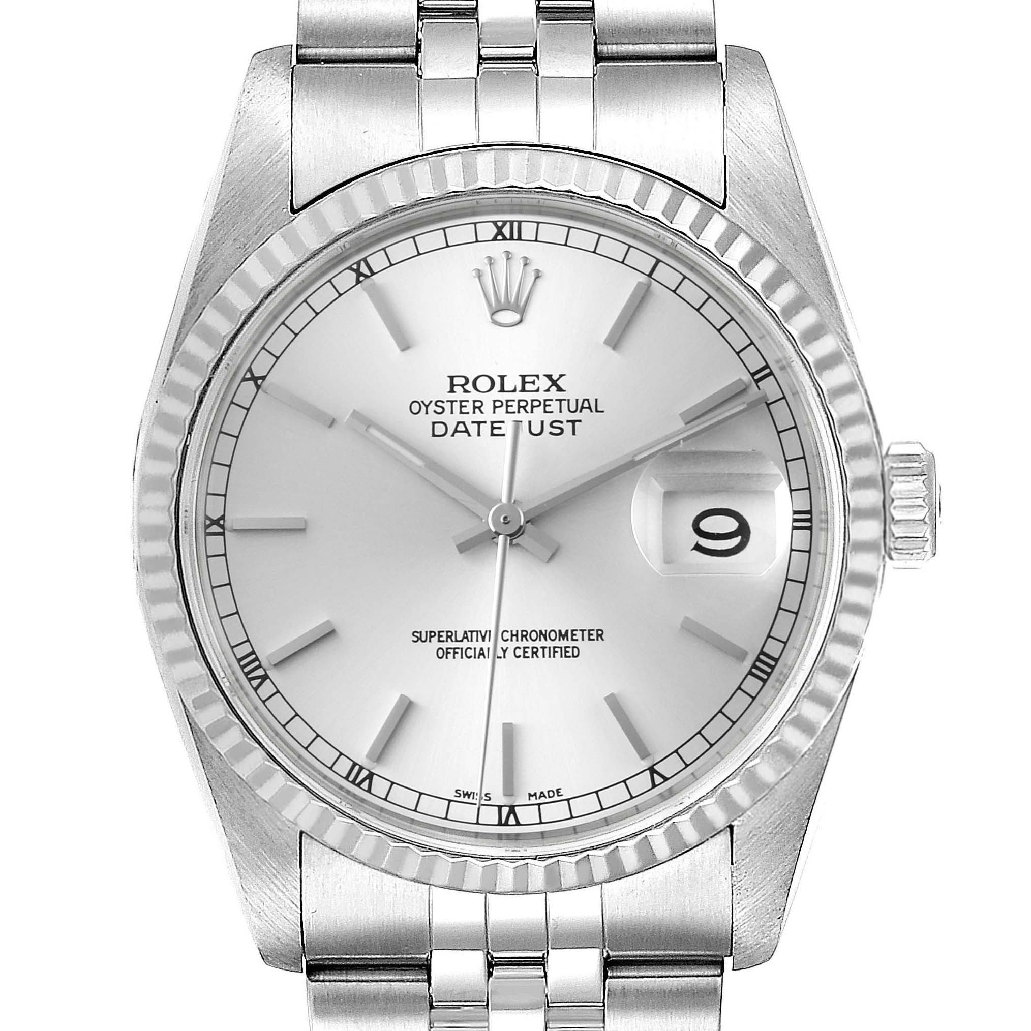 The image shows a front view of a Rolex Datejust 16234 Men's Stainless Steel Silver Dial 16234 Men's Stainless Steel Silver Dial watch, displaying the dial, hour markers, date window, and part of the bracelet.