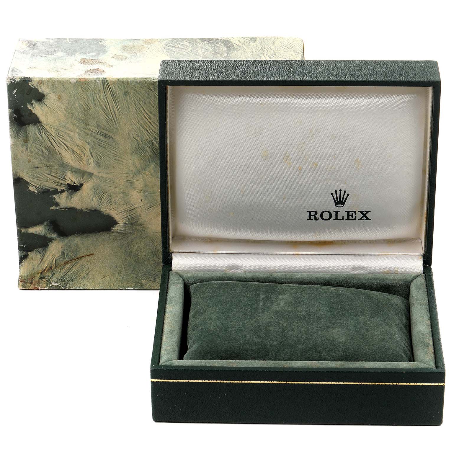 The image shows an open and empty Rolex Datejust 16234 Men's Stainless Steel Silver Dial 16234 Men's Stainless Steel Silver Dial watch box with the lid displaying the Rolex logo, and the original outer packaging.