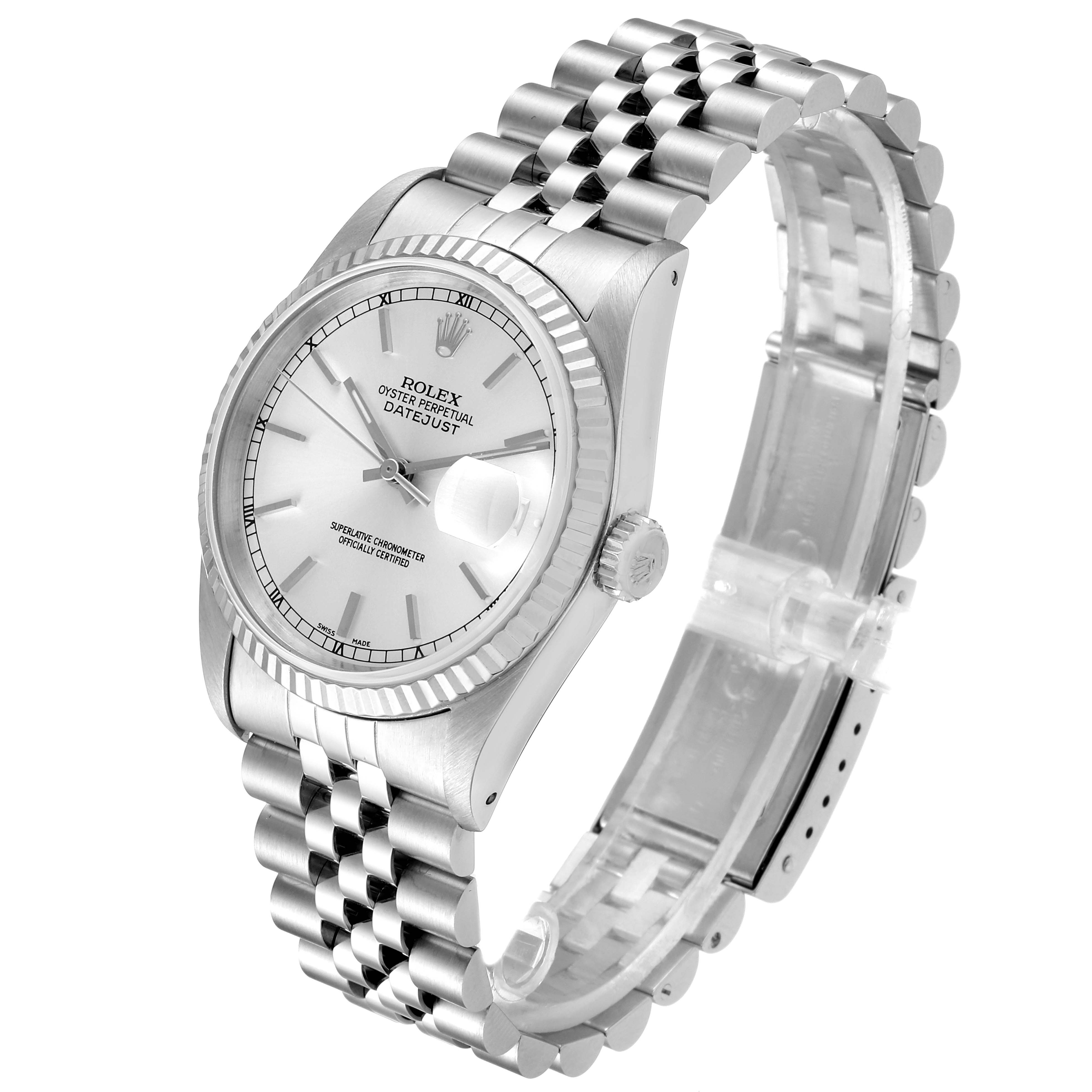 The image shows a Rolex Datejust 16234 Men's Stainless Steel Silver Dial 16234 Men's Stainless Steel Silver Dial watch from an angled side view, displaying its dial, bezel, crown, and bracelet.