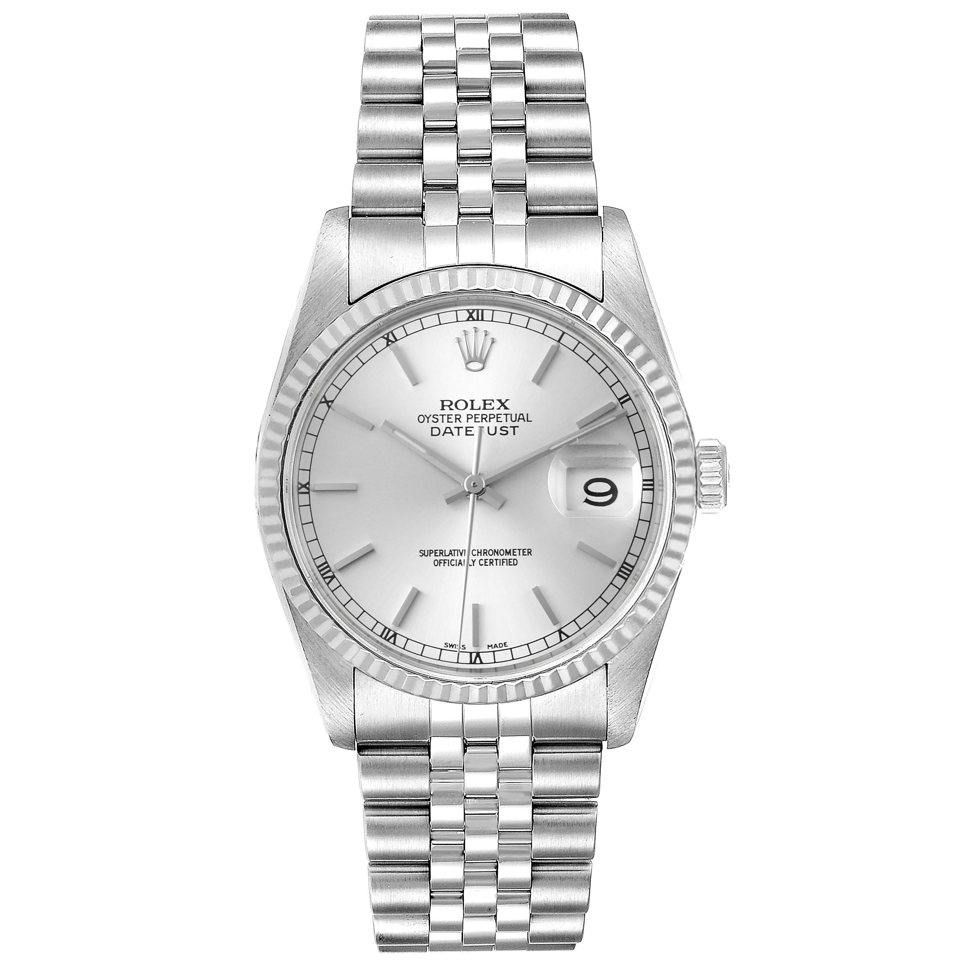 This is a head-on view of the Rolex Datejust 16234 Men's Stainless Steel Silver Dial 16234 Men's Stainless Steel Silver Dial watch, showing the dial, bezel, crown, and full bracelet.