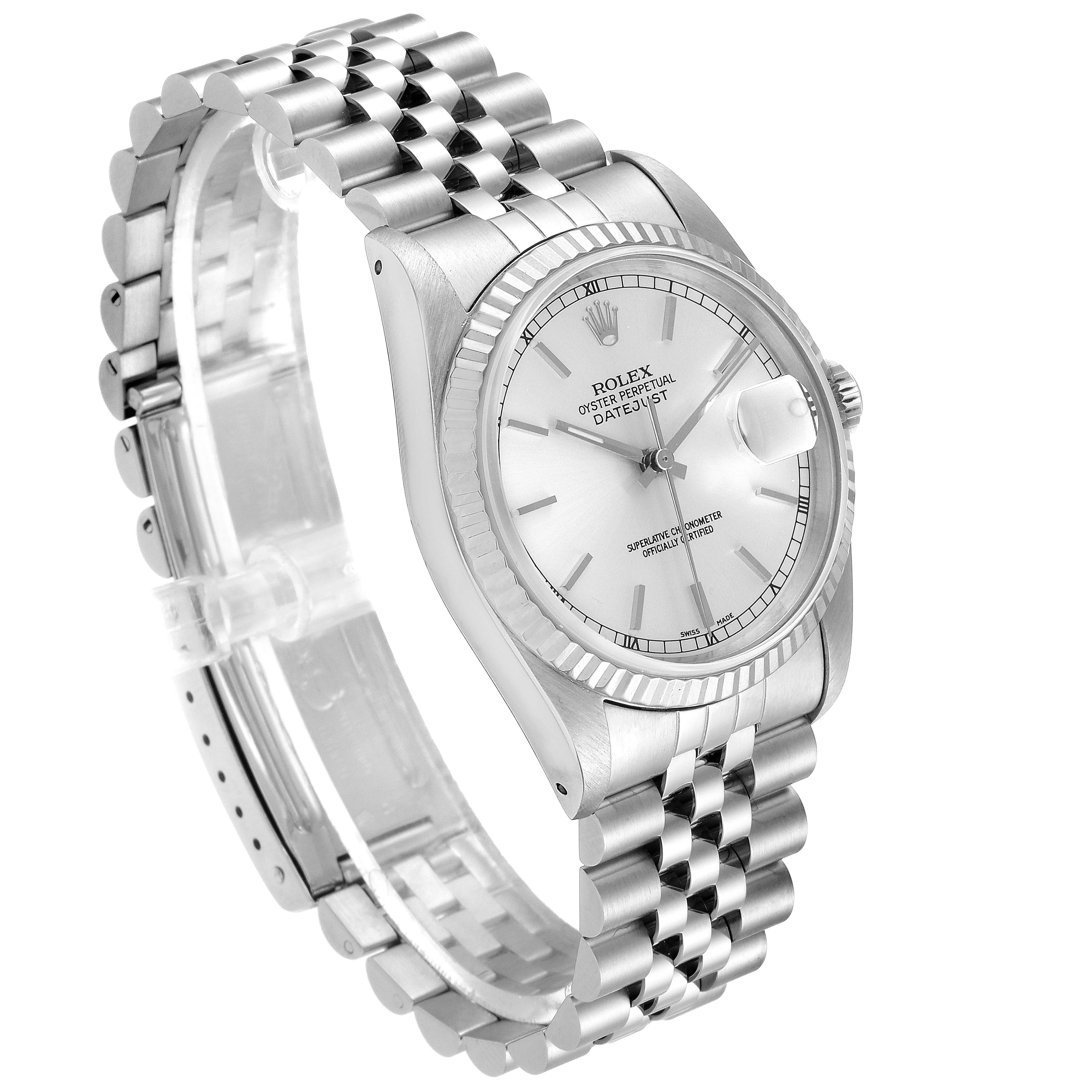 The image shows a side angle of the Rolex Datejust 16234 Men's Stainless Steel Silver Dial 16234 Men's Stainless Steel Silver Dial watch, displaying the dial, bezel, and bracelet clearly.