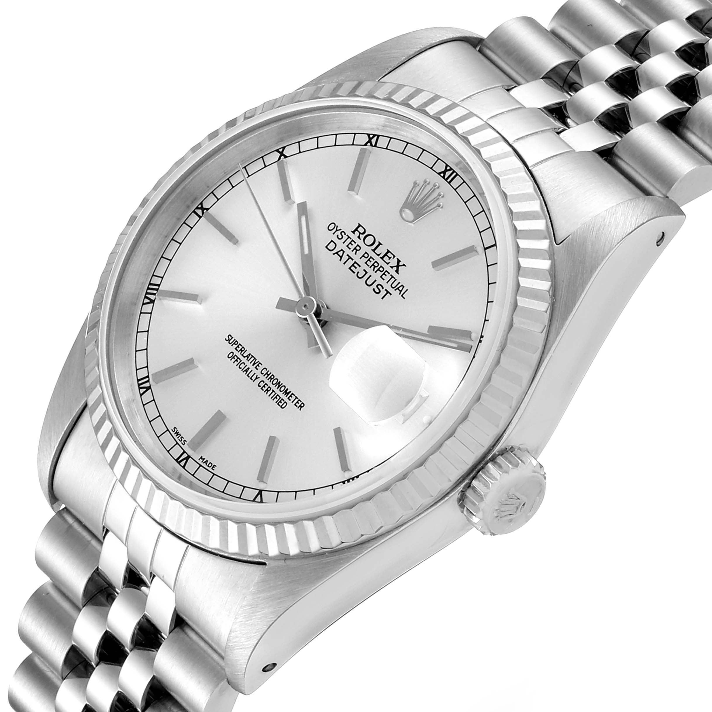 This image shows a Rolex Datejust 16234 Men's Stainless Steel Silver Dial 16234 Men's Stainless Steel Silver Dial watch at an angled view, highlighting the dial, bezel, crown, and part of the bracelet.