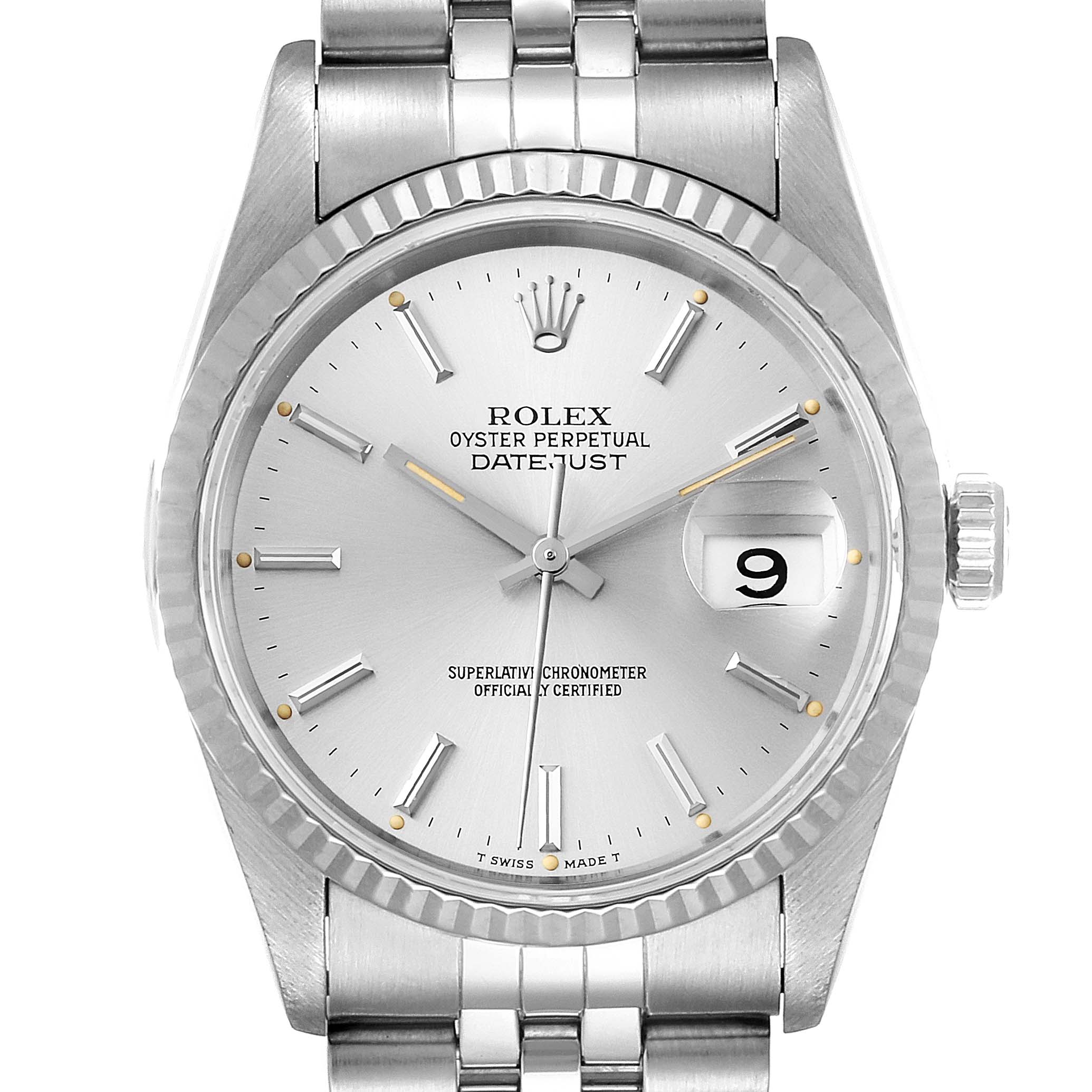 The image shows a front view of the Rolex Datejust 16234 Men
s Stainless Steel Silver Dial 16234 Men
s Stainless Steel Silver Dial watch, displaying the face, bezel, crown, and part of the bracelet.