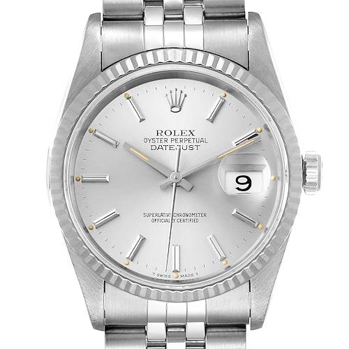 Photo of Rolex Datejust Silver Dial Fluted Bezel Steel White Gold Mens Watch 16234