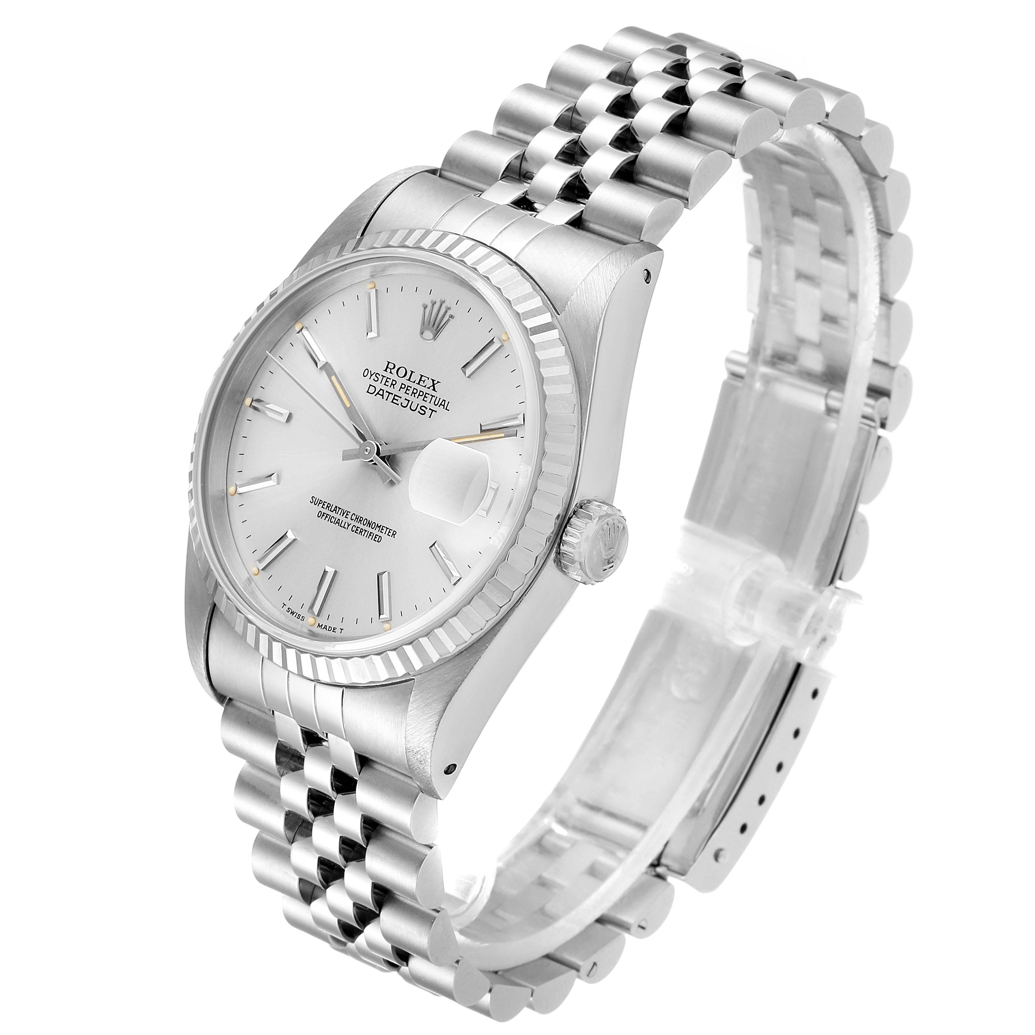 The image shows a side angle of a Rolex Datejust 16234 Men
s Stainless Steel Silver Dial 16234 Men
s Stainless Steel Silver Dial watch, highlighting the dial, bezel, crown, and bracelet.