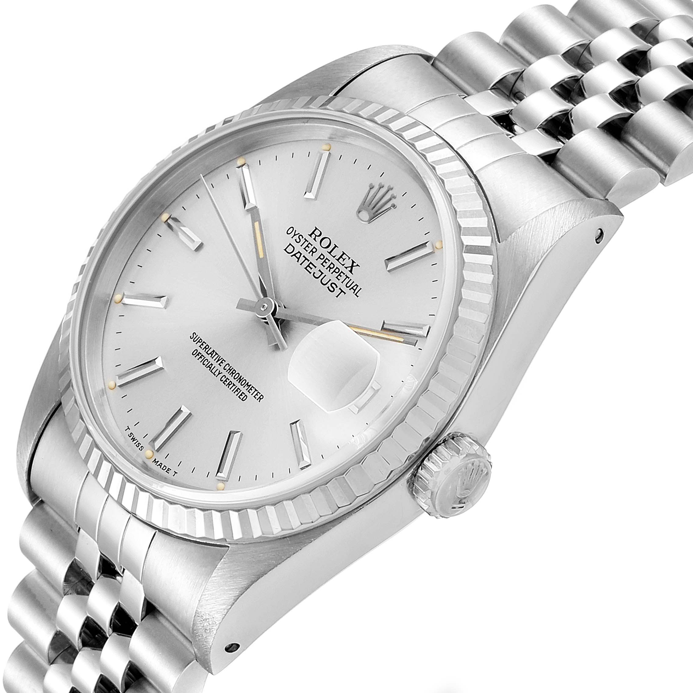 The image shows a Rolex Datejust 16234 Men
s Stainless Steel Silver Dial 16234 Men
s Stainless Steel Silver Dial watch at an angle highlighting the dial, bezel, crown, and part of the bracelet.