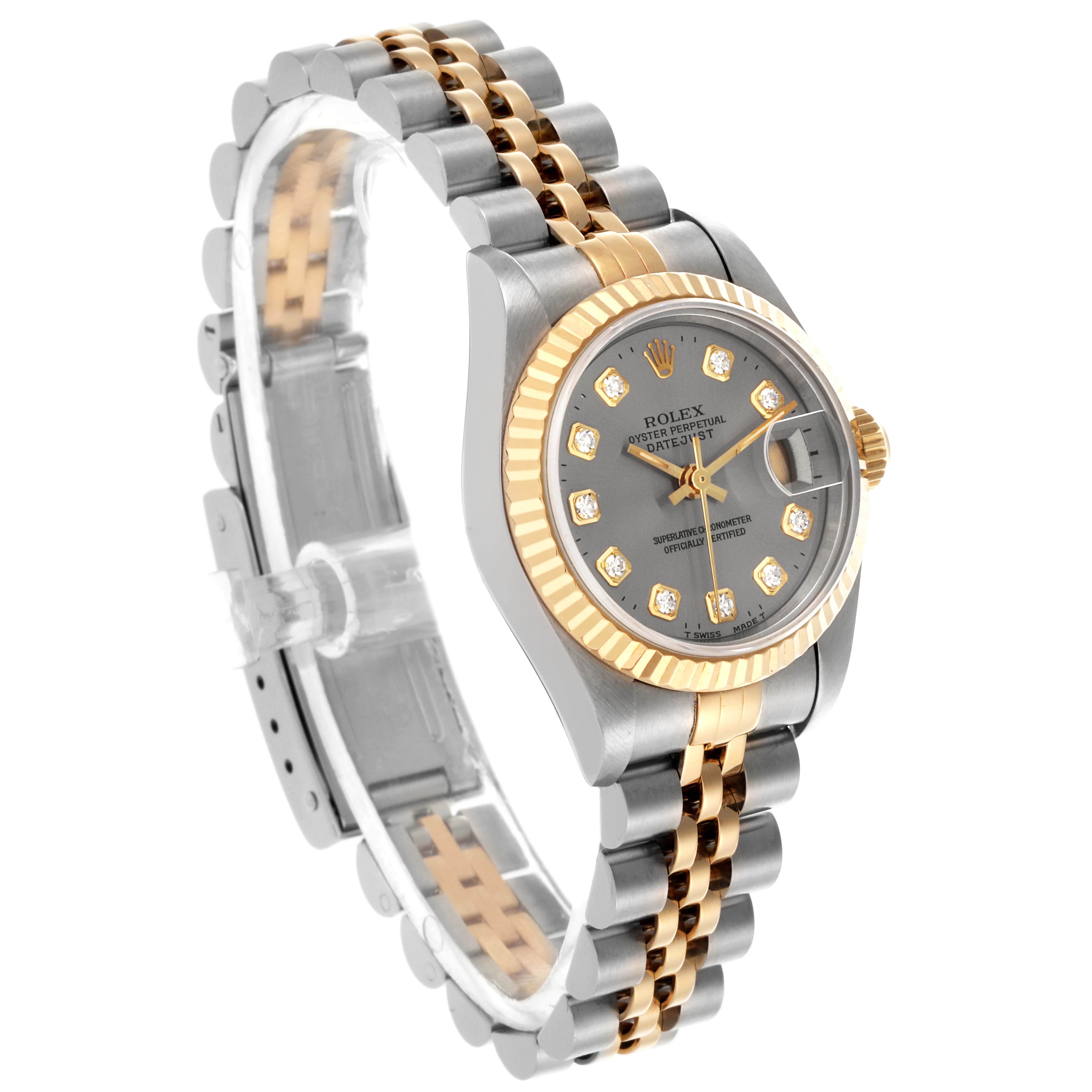 The image shows a Rolex Datejust 69173 Women's Steel and Gold (two tone) Grey Dial 69173 Women's Steel and Gold (two tone) Grey Dial watch at a three-quarter angle, highlighting the dial, bezel, and bracelet.