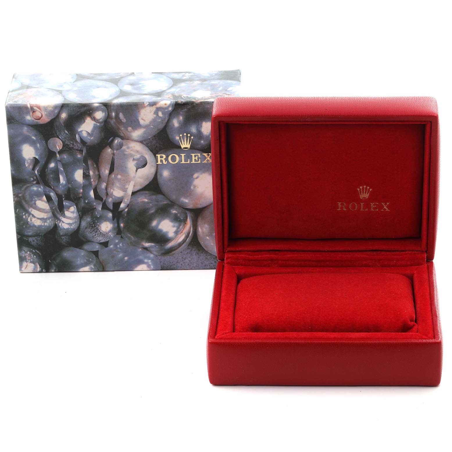 The image shows a red Rolex Datejust 69173 Women's Steel and Gold (two tone) Grey Dial 69173 Women's Steel and Gold (two tone) Grey Dial watch box and its outer decorative packaging from a frontal angle.