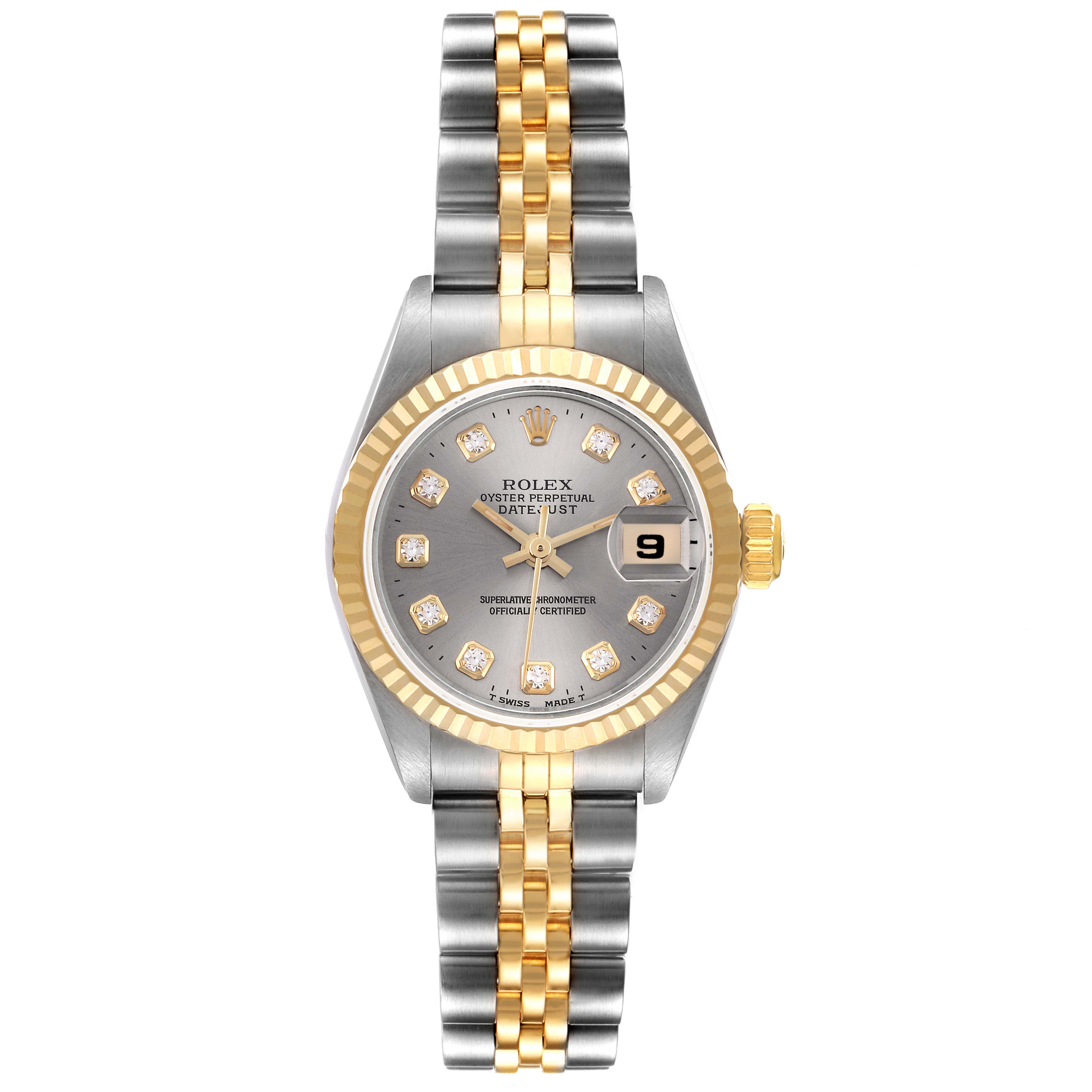 The Rolex Datejust 69173 Women's Steel and Gold (two tone) Grey Dial 69173 Women's Steel and Gold (two tone) Grey Dial watch is shown from the front, displaying the face, bezel, bracelet, and crown.
