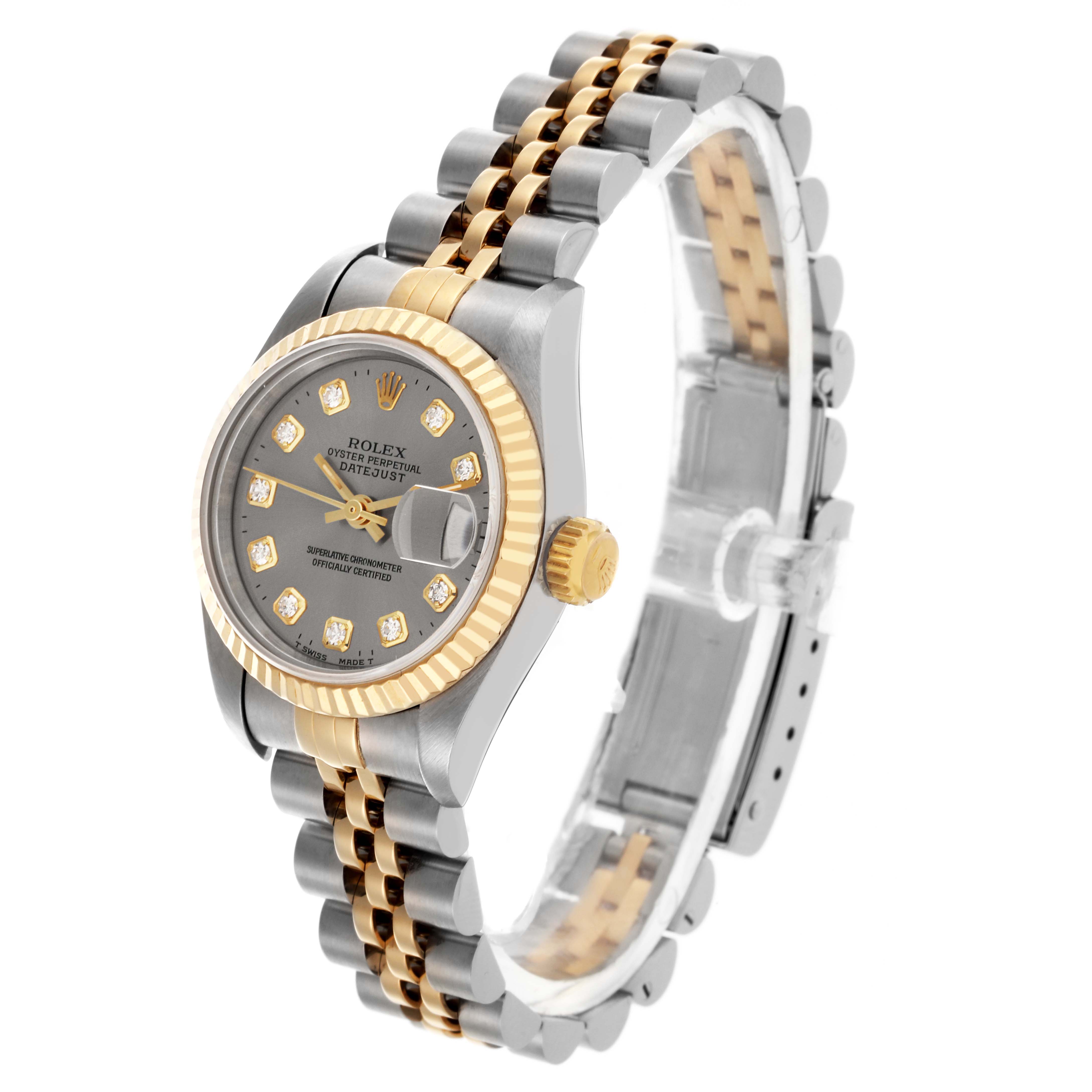 The Rolex Datejust 69173 Women's Steel and Gold (two tone) Grey Dial 69173 Women's Steel and Gold (two tone) Grey Dial watch is shown at a slight angle, highlighting the case, bezel, crown, and two-tone bracelet.