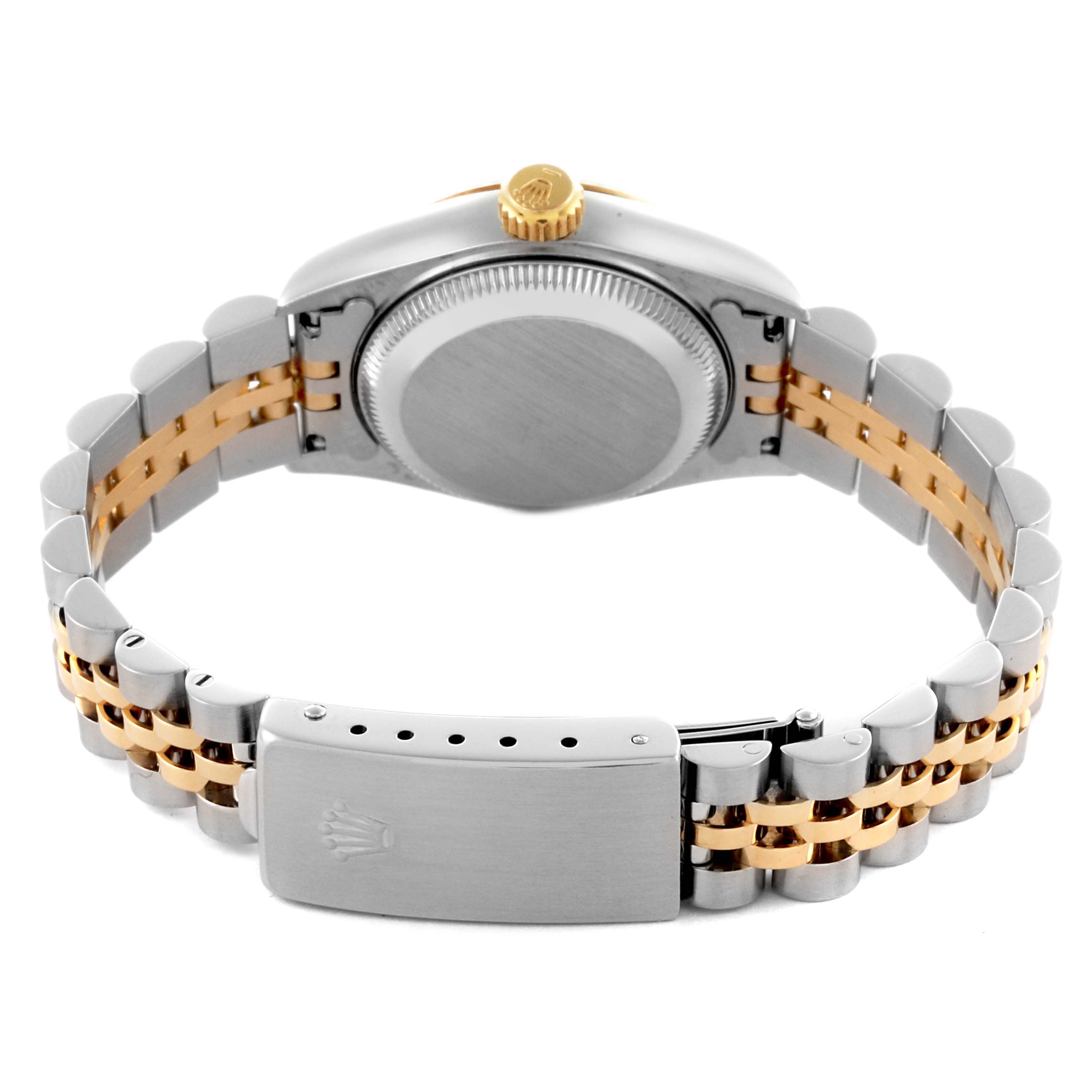 The image shows the back view of a Rolex Datejust 69173 Women's Steel and Gold (two tone) Grey Dial 69173 Women's Steel and Gold (two tone) Grey Dial, highlighting the case back, crown, and the two-tone bracelet.