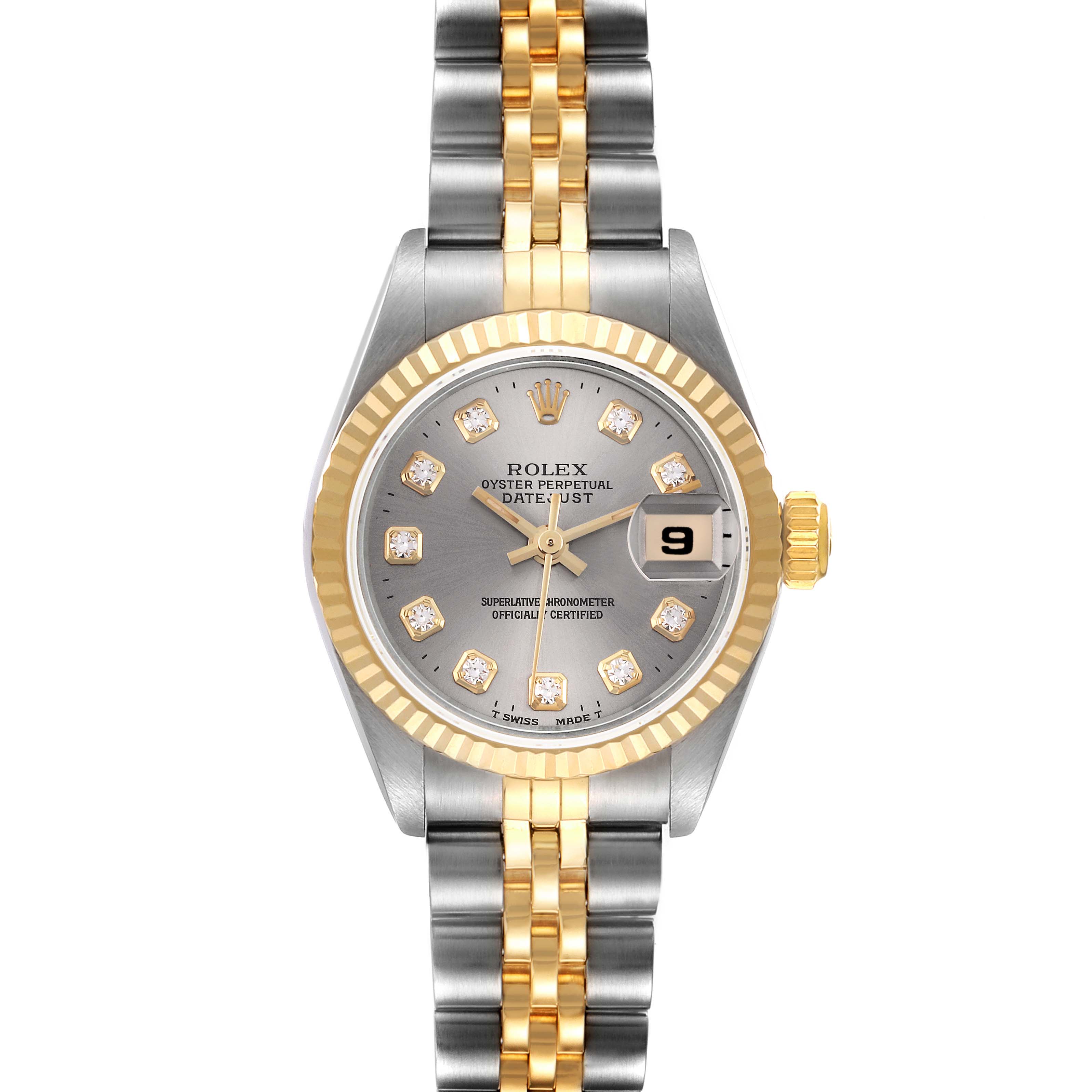 The Rolex Datejust 69173 Women's Steel and Gold (two tone) Grey Dial 69173 Women's Steel and Gold (two tone) Grey Dial is shown from the front, featuring the case, bezel, dial, hands, date display, and two-tone bracelet.