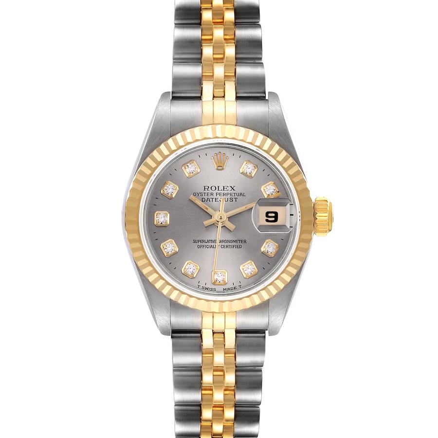 The Rolex Datejust is shown from the front, featuring the case, bezel, dial, hands, date display, and two-tone bracelet.