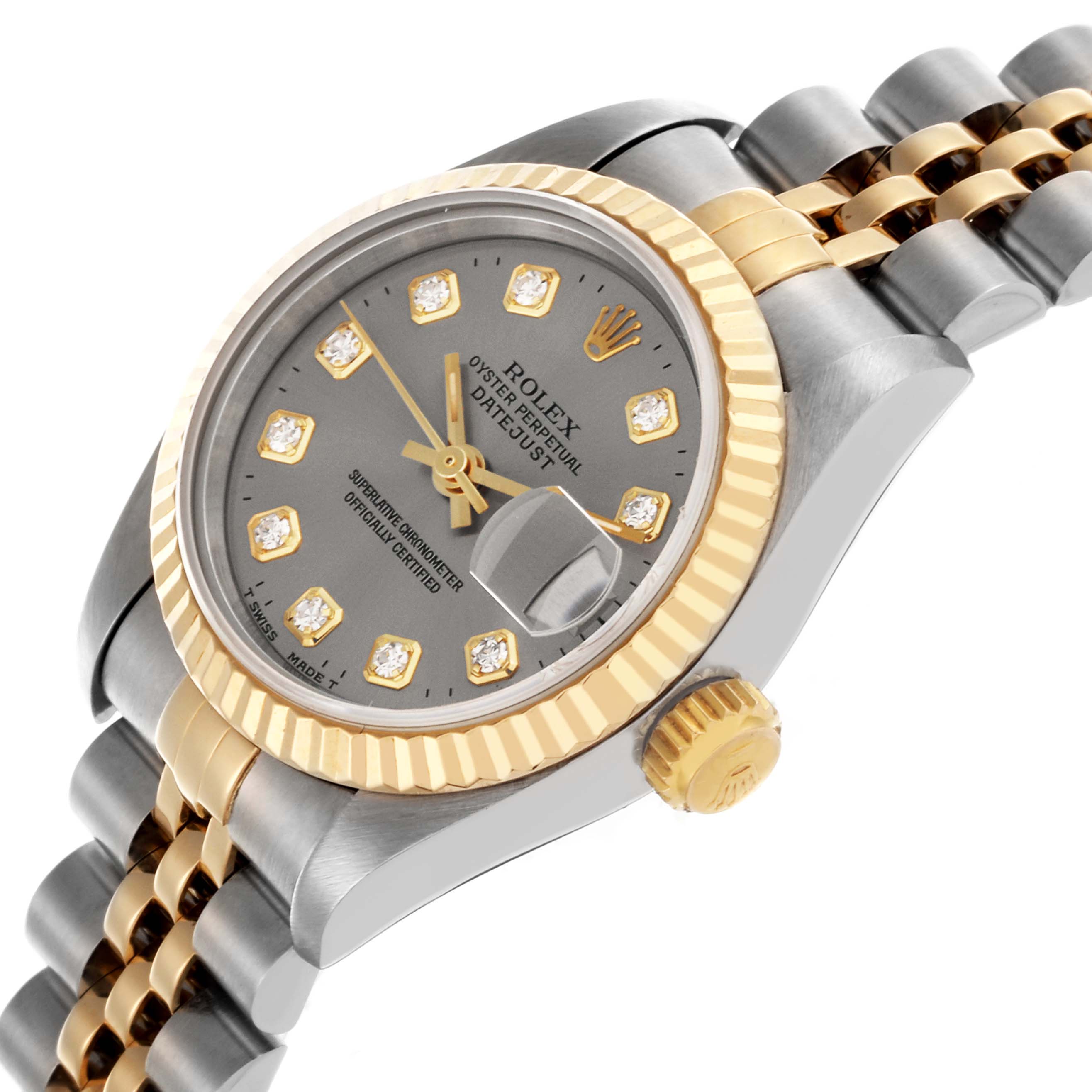 The Rolex Datejust 69173 Women's Steel and Gold (two tone) Grey Dial 69173 Women's Steel and Gold (two tone) Grey Dial watch is shown at a side angle, highlighting its bezel, crown, face, and part of the bracelet.