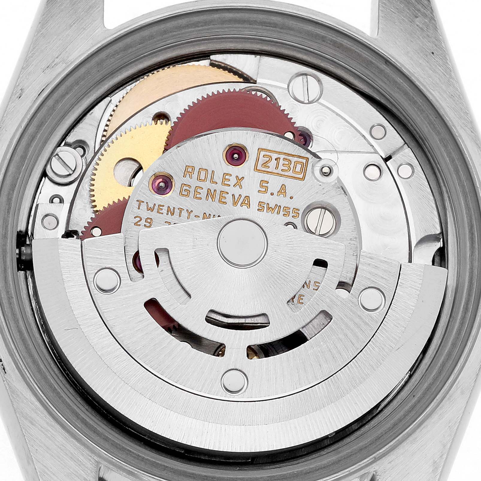 The image shows the inner mechanism of a Rolex Datejust 69173 Women's Steel and Gold (two tone) Grey Dial 69173 Women's Steel and Gold (two tone) Grey Dial model viewed from the back.