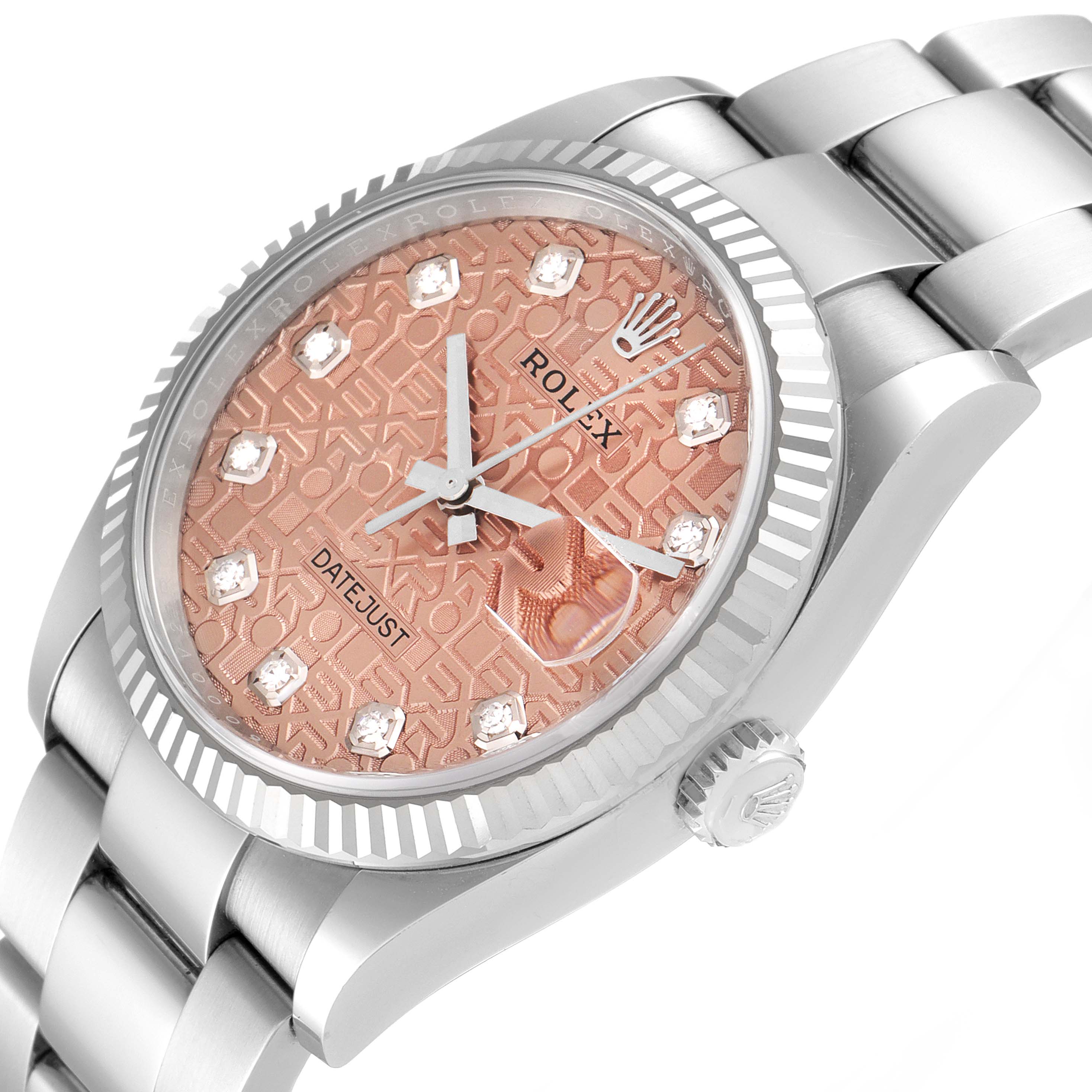 The image shows a close-up, three-quarter view of the Rolex Datejust 126234 Men
s Stainless Steel Pink Dial 126234 Men
s Stainless Steel Pink Dial watch, highlighting the face, bezel, and part of the bracelet.