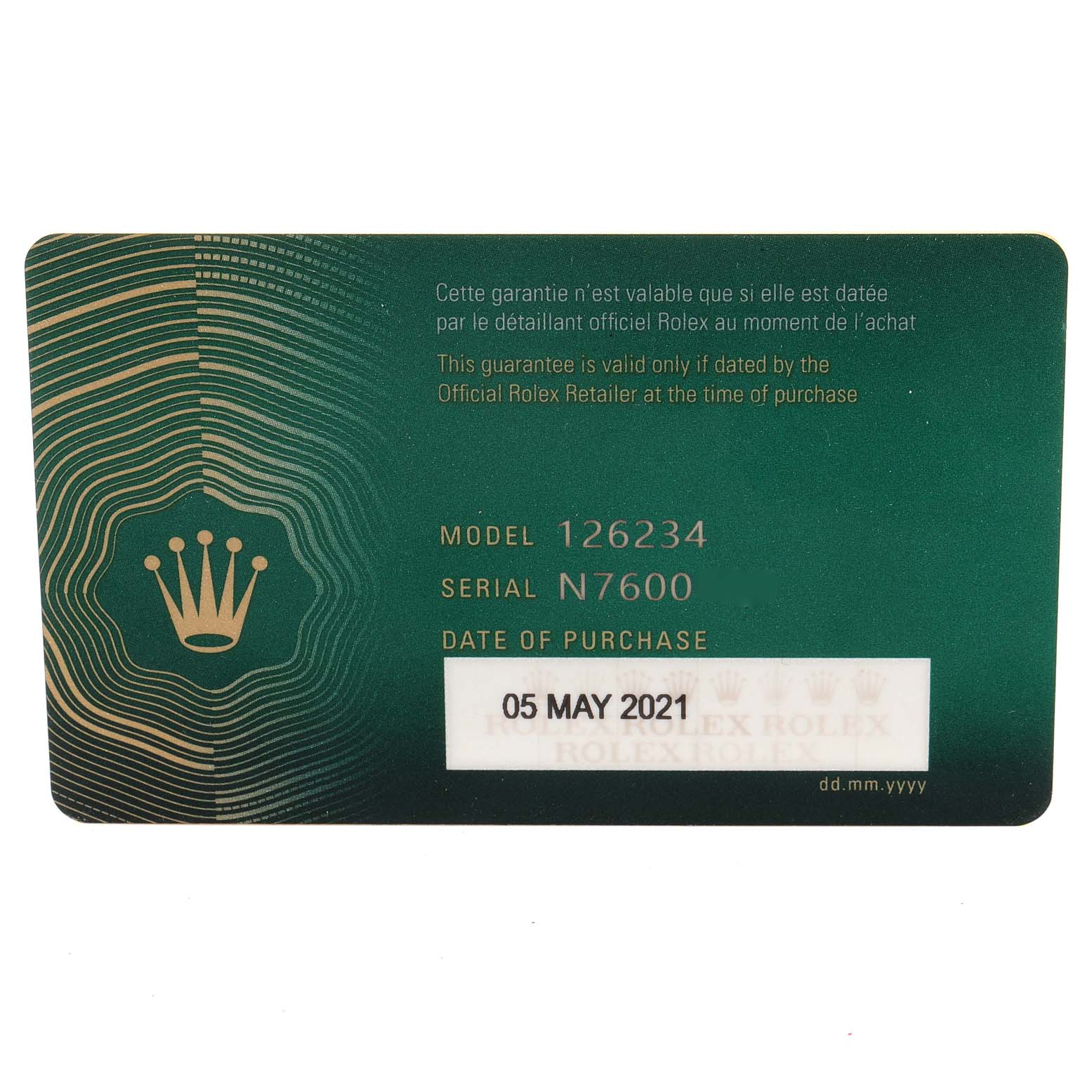 The image shows the warranty card for a Rolex Datejust 126234 Men
s Stainless Steel Pink Dial 126234 Men
s Stainless Steel Pink Dial model 126234, with purchase date of 05 May 2021.