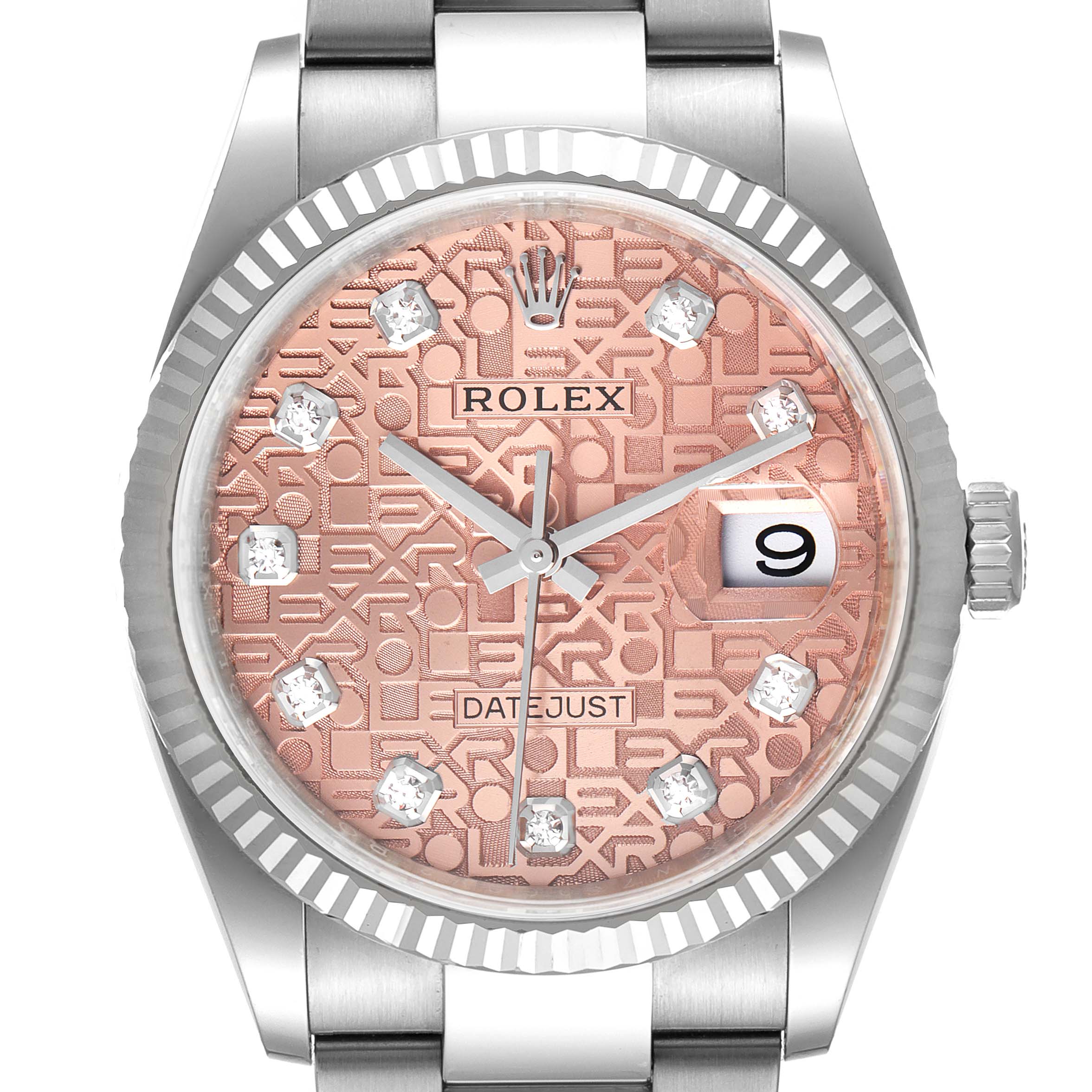 This image shows a close-up view of the Rolex Datejust 126234 Men
s Stainless Steel Pink Dial 126234 Men
s Stainless Steel Pink Dial watch face and part of the bracelet.