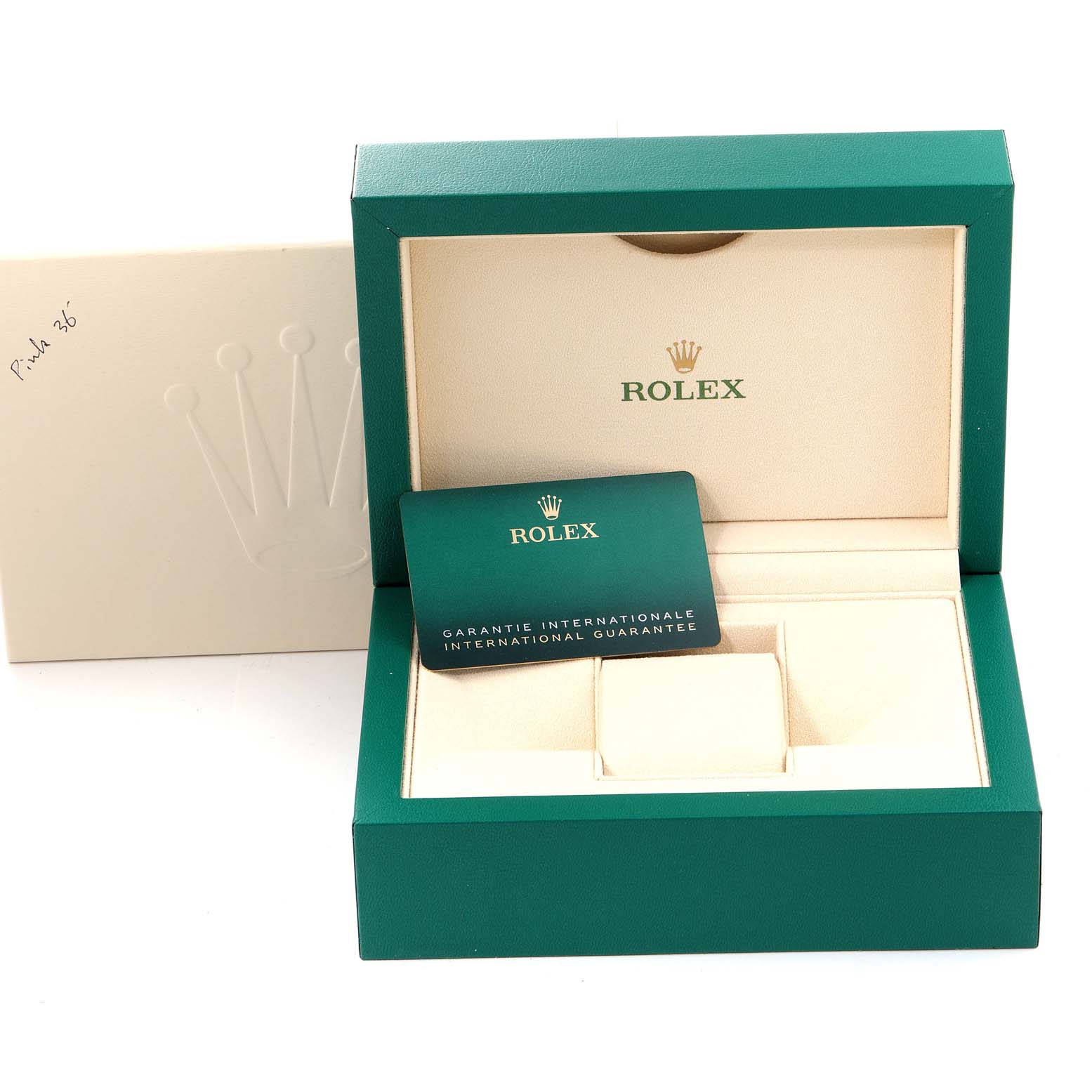 The image shows the official packaging of a Rolex Datejust 126234 Men
s Stainless Steel Pink Dial 126234 Men
s Stainless Steel Pink Dial watch, including the box and guarantee card.