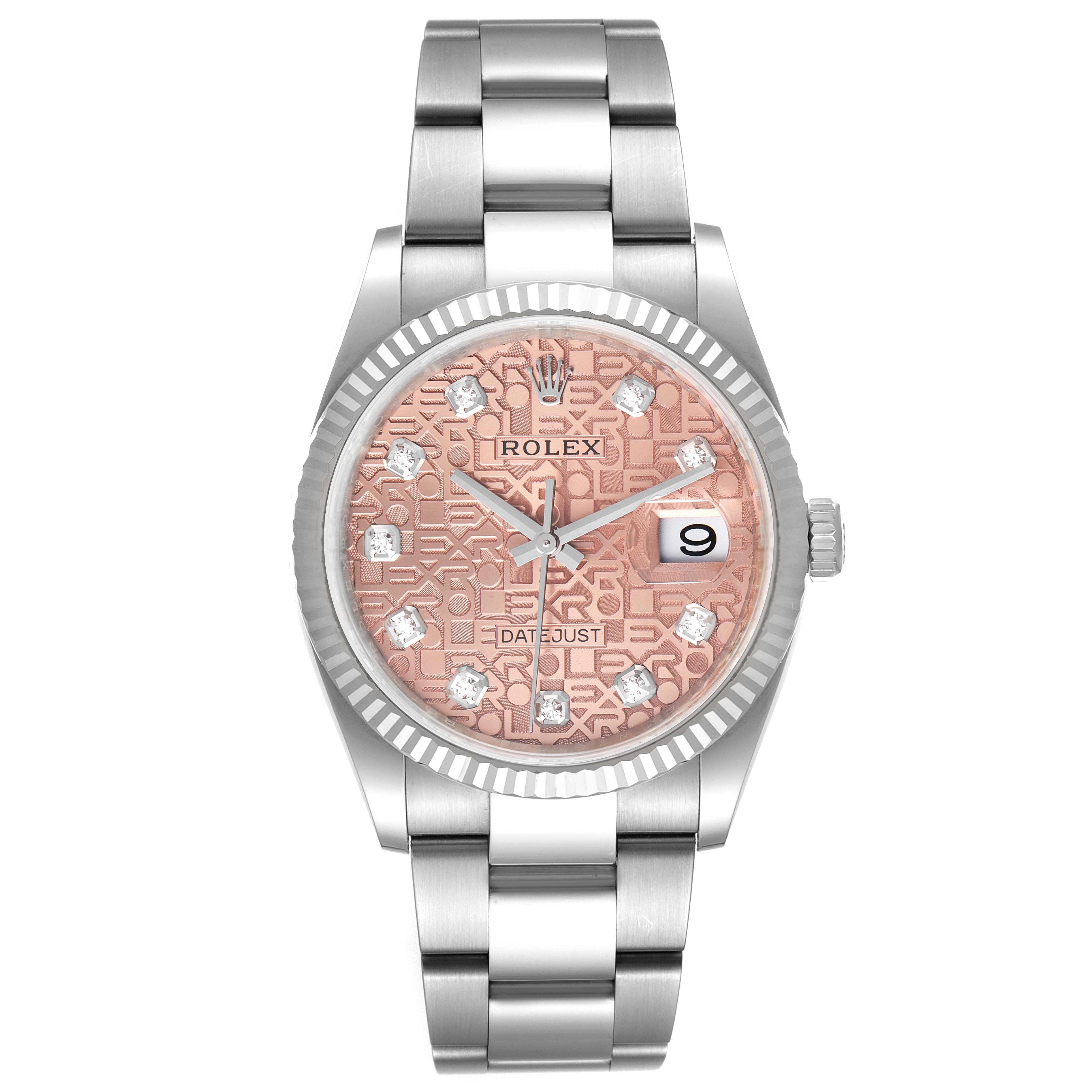 The Rolex Datejust 126234 Men
s Stainless Steel Pink Dial 126234 Men
s Stainless Steel Pink Dial watch is shown from a front angle, displaying its pink dial, silver bracelet, and date window.