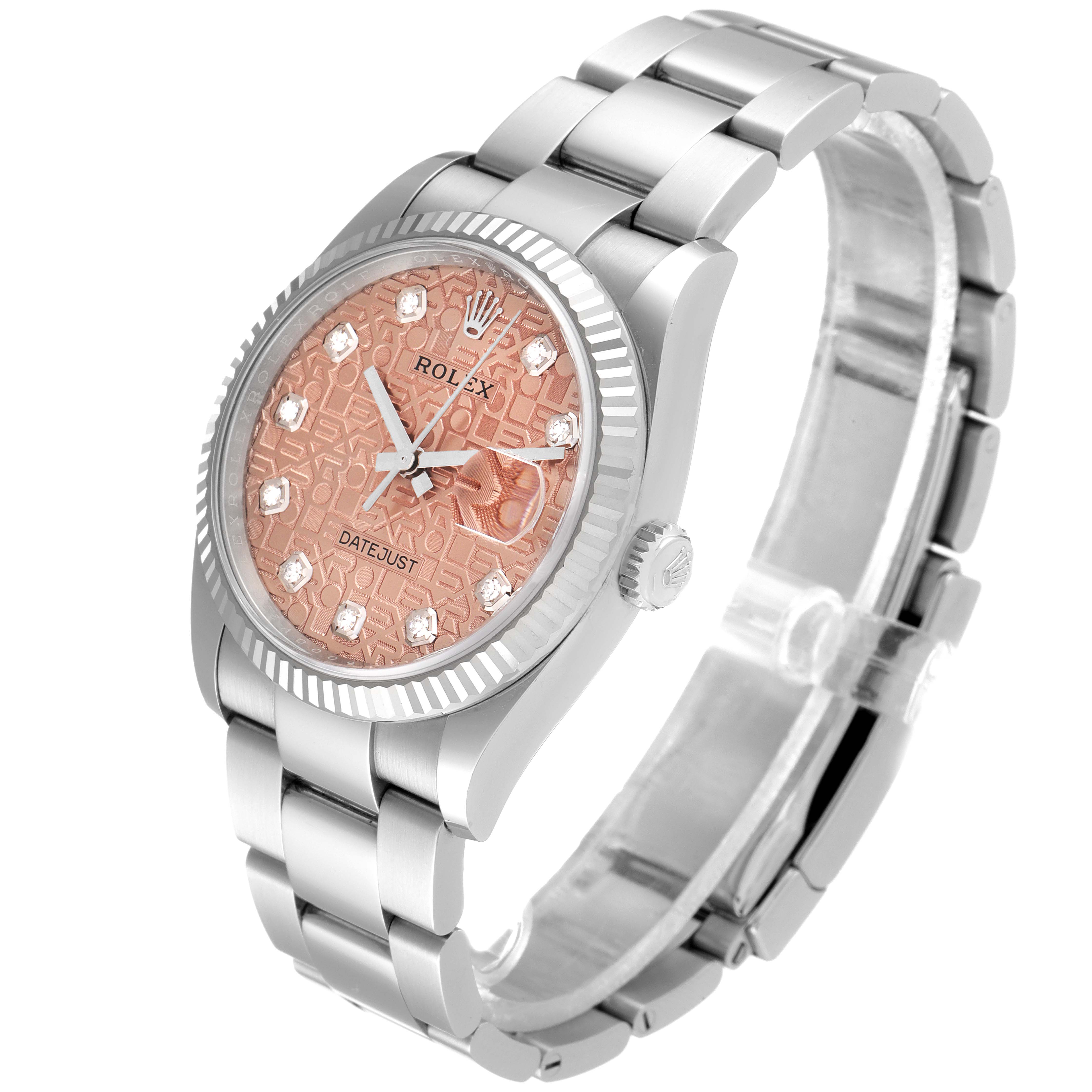 The image shows a Rolex Datejust 126234 Men
s Stainless Steel Pink Dial 126234 Men
s Stainless Steel Pink Dial watch angled to display the watch face, bezel, bracelet, and crown.