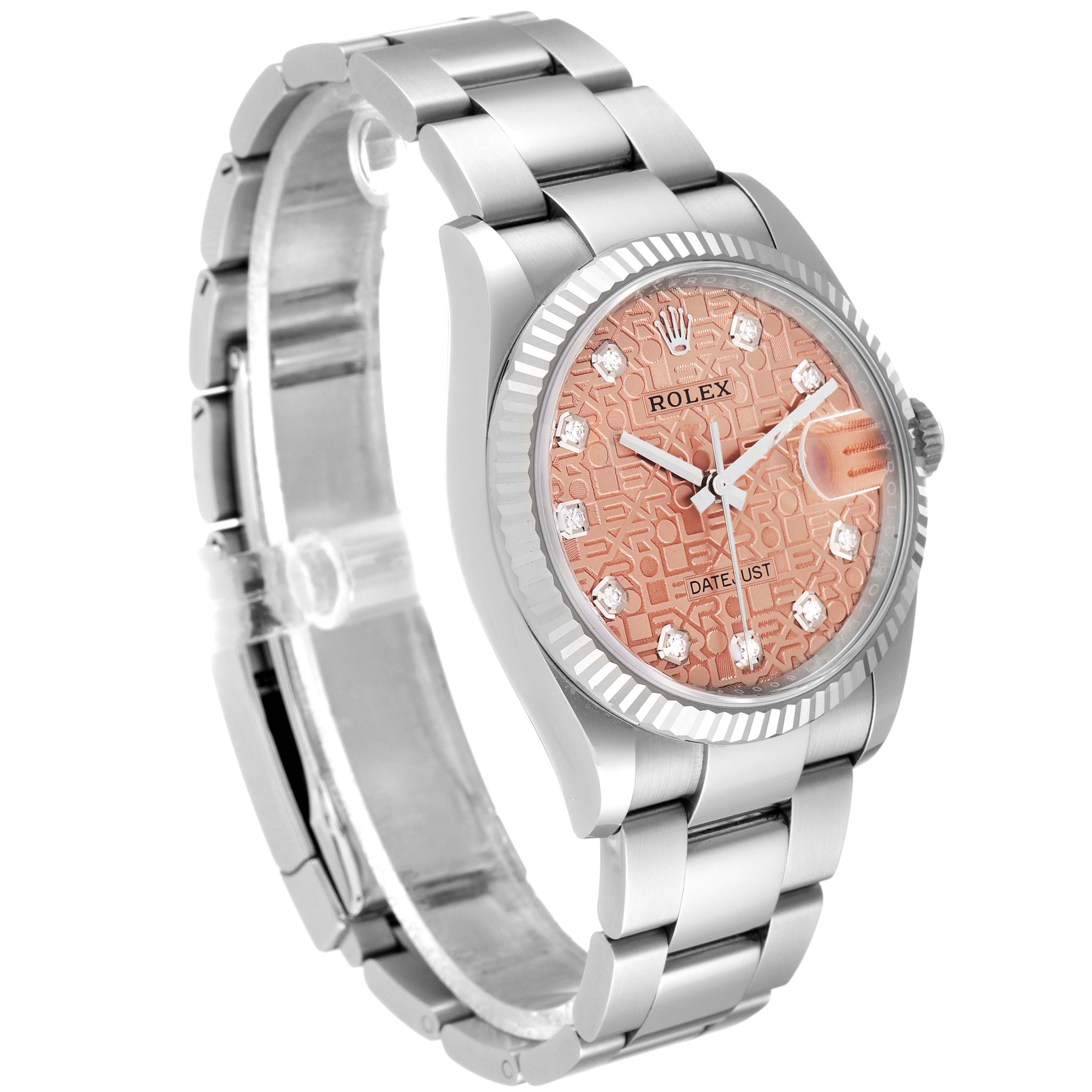 This is a Rolex Datejust 126234 Men
s Stainless Steel Pink Dial 126234 Men
s Stainless Steel Pink Dial watch shown from an angled side view, displaying the face, bracelet, and crown.