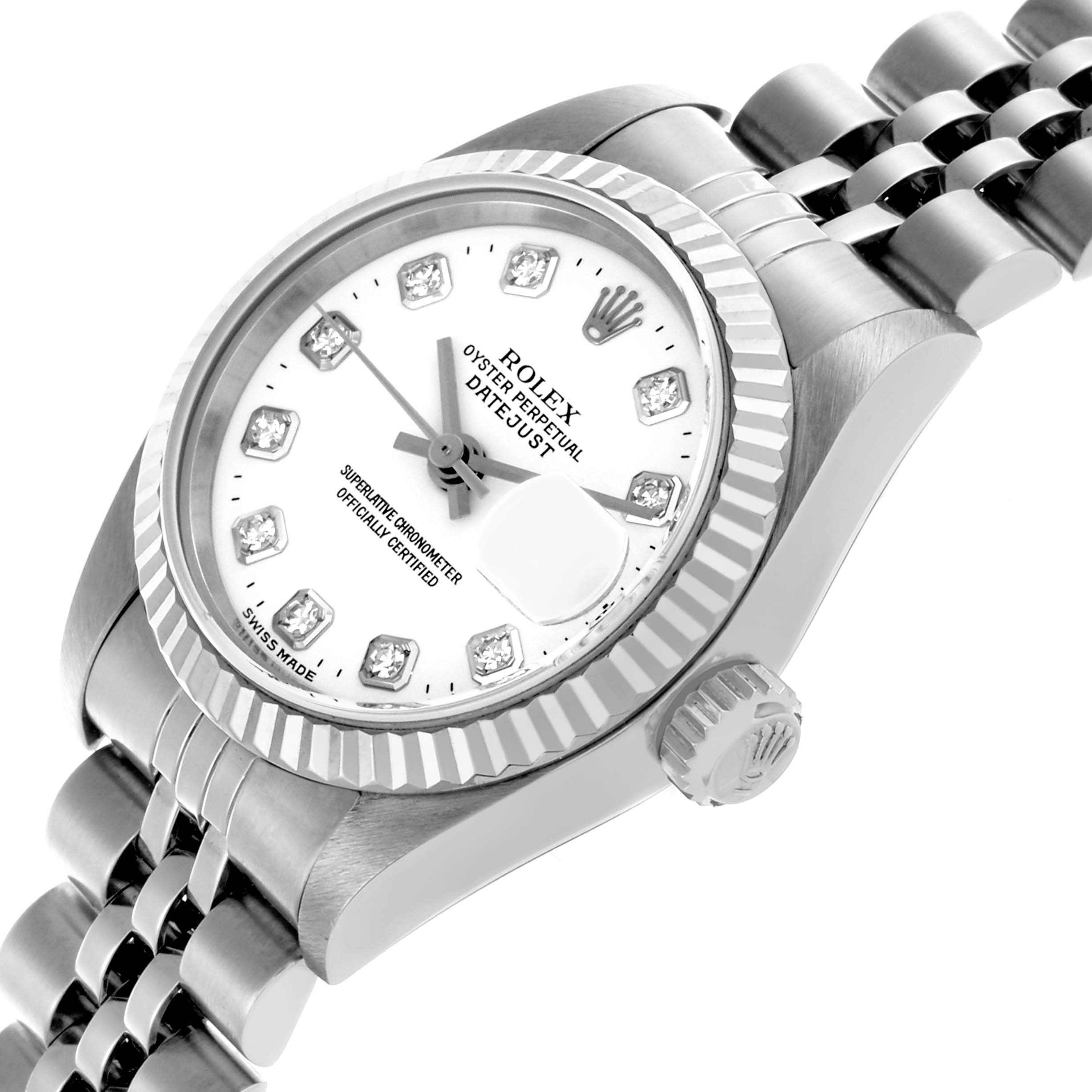 The Rolex Datejust 79174 Women's Stainless Steel White Dial 79174 Women's Stainless Steel White Dial watch is shown at an angled side view, highlighting the bezel, dial, crown, and part of the bracelet.