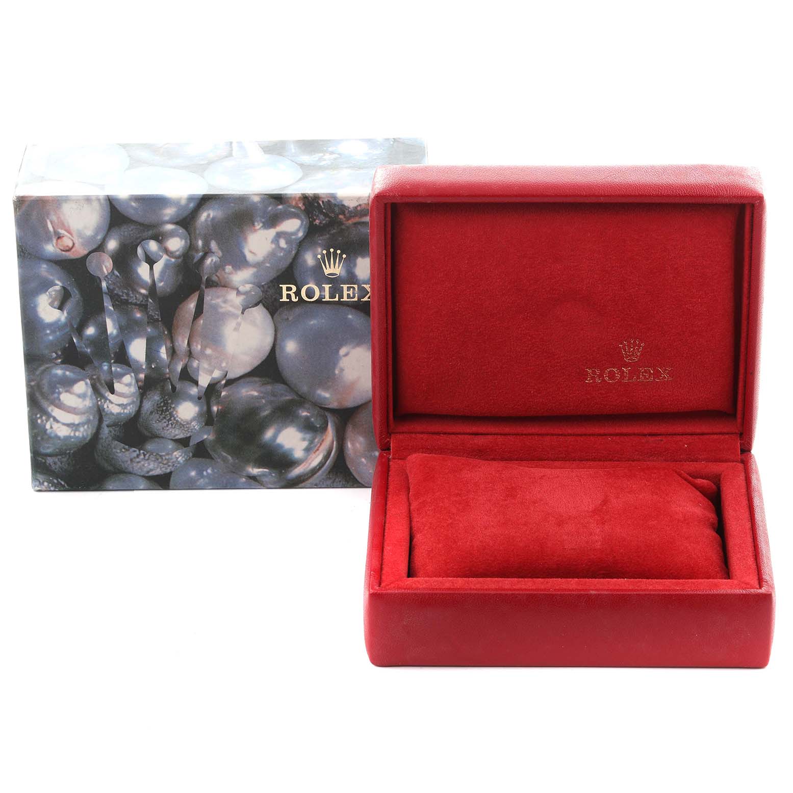 The image shows a Rolex Datejust 79174 Women's Stainless Steel White Dial 79174 Women's Stainless Steel White Dial watch box, opened, with a cushioned interior and an outer box beside it.