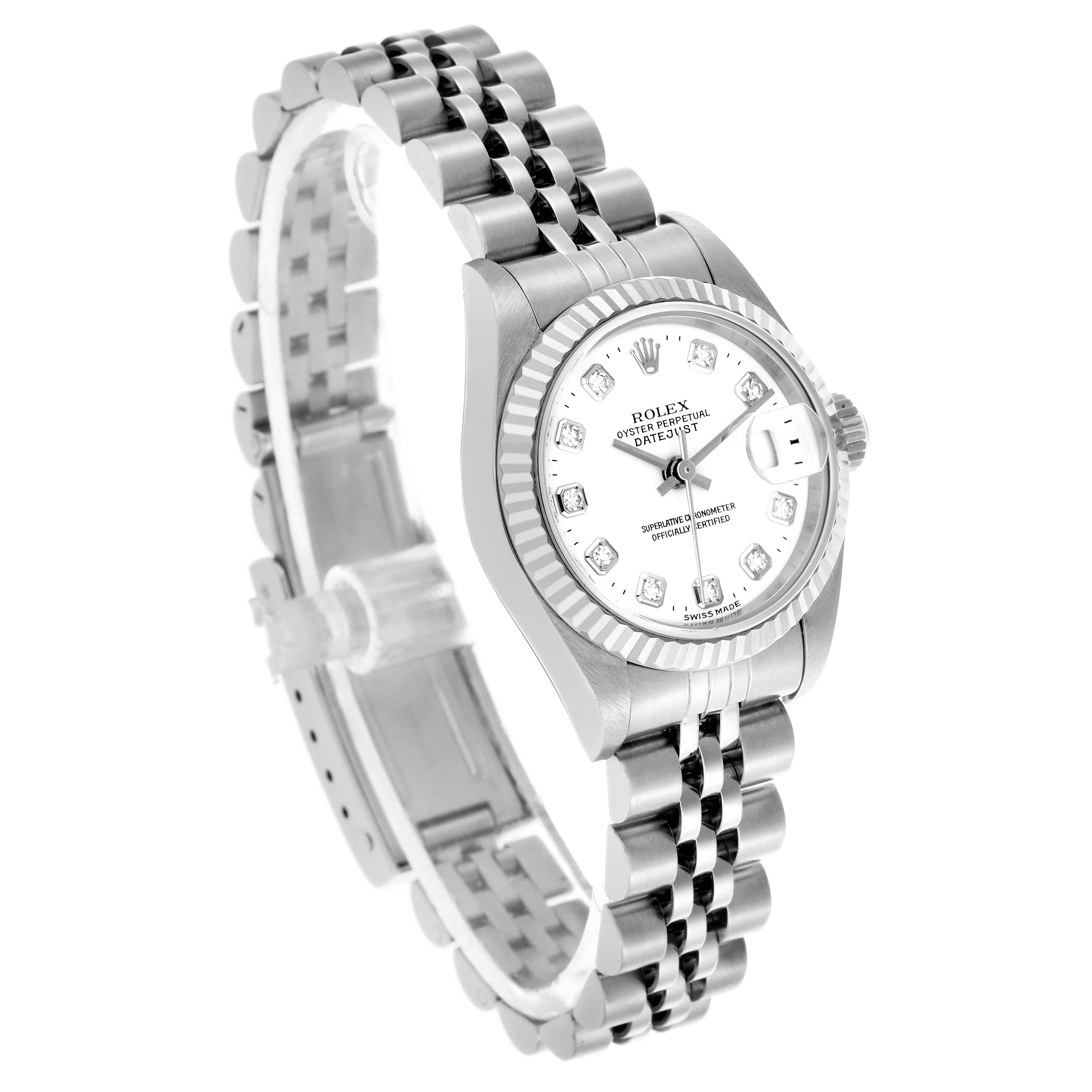The Rolex Datejust 79174 Women's Stainless Steel White Dial 79174 Women's Stainless Steel White Dial watch is shown in a three-quarter view, featuring the dial, bezel, bracelet, and crown.