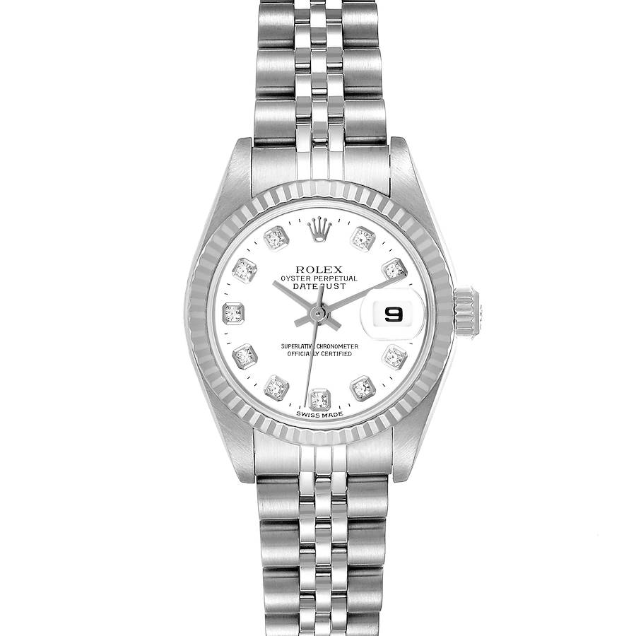 The Rolex Datejust watch is shown from a top-down angle, displaying its face, bezel, bracelet, and crown.