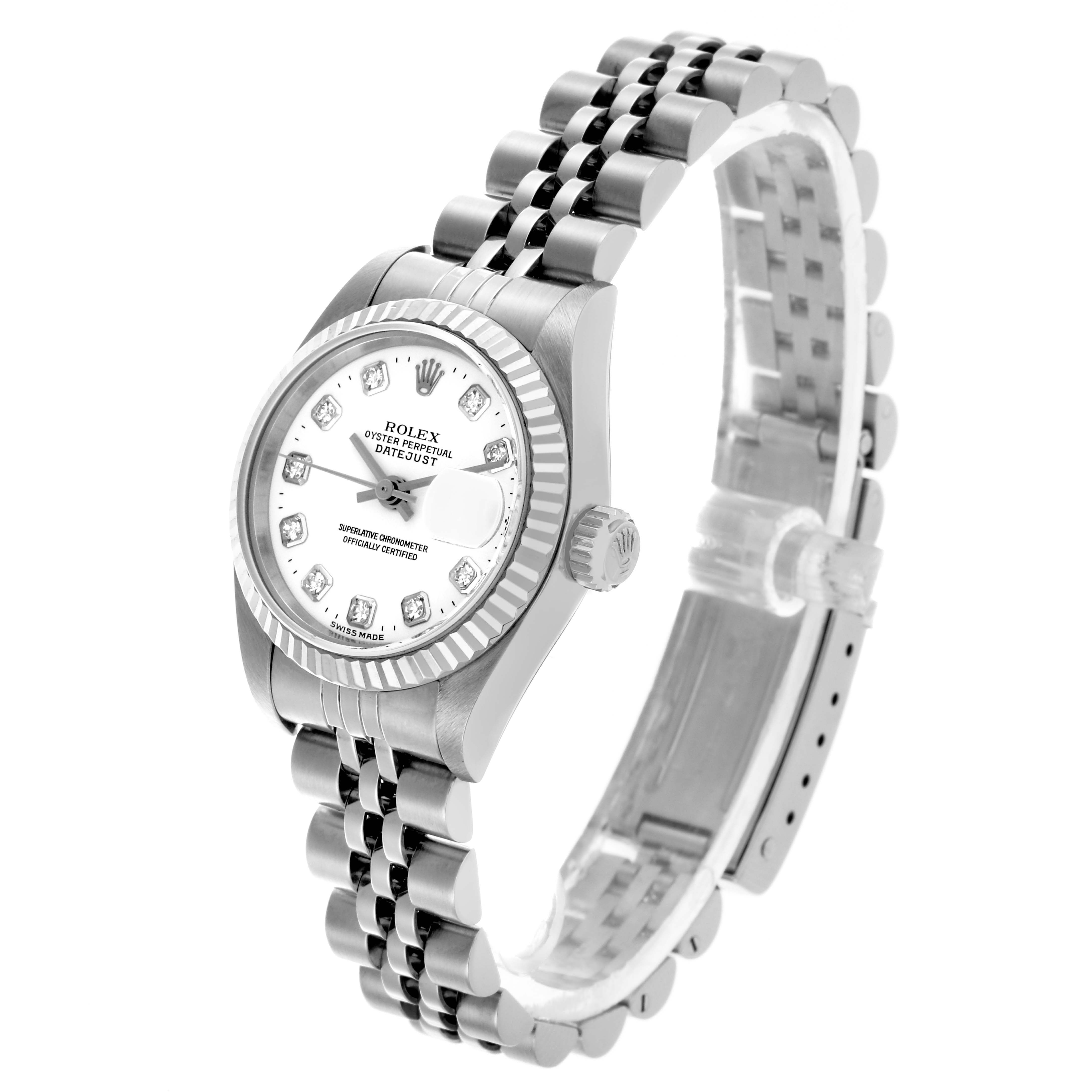 The Rolex Datejust 79174 Women's Stainless Steel White Dial 79174 Women's Stainless Steel White Dial watch is shown at a three-quarter angle, highlighting its face, bezel, crown, and jubilee bracelet.