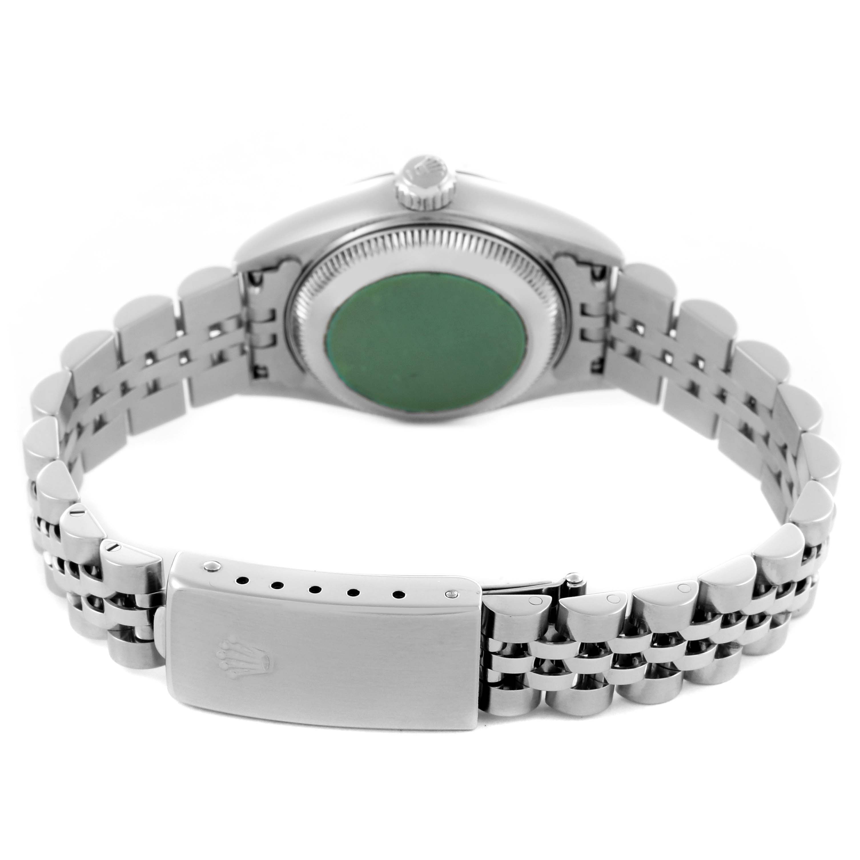 The image shows the back view of a Rolex Datejust 79174 Women's Stainless Steel White Dial 79174 Women's Stainless Steel White Dial watch emphasizing the bracelet, clasp, and case back.