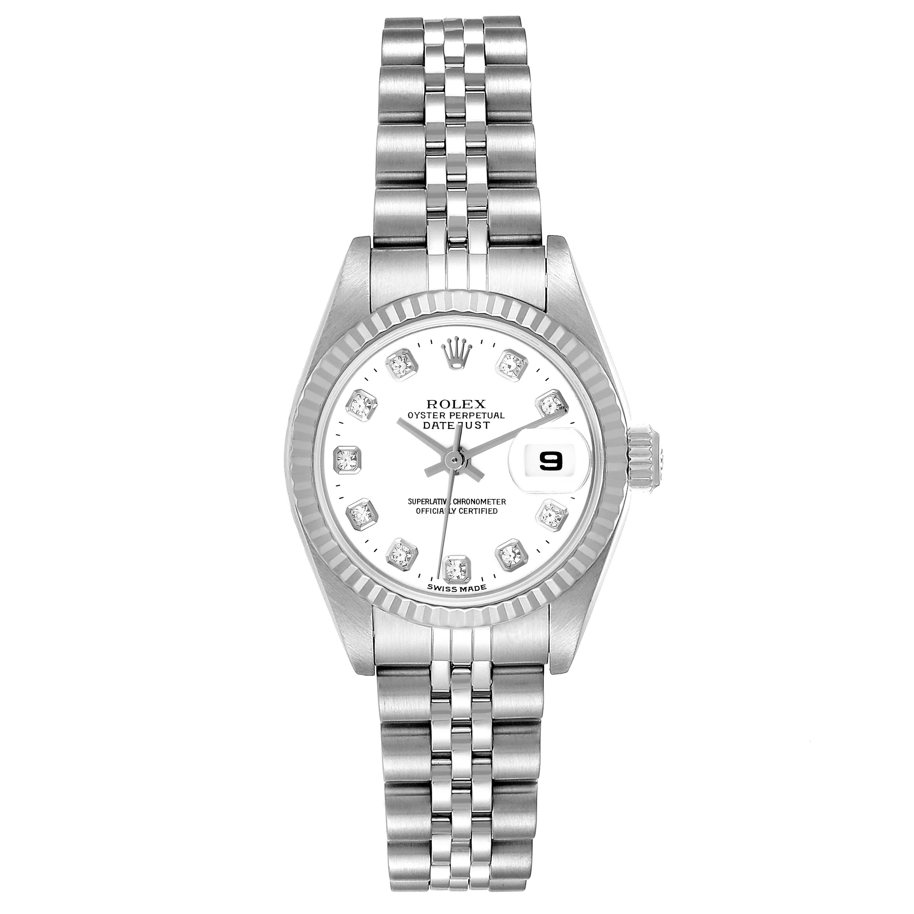 The Rolex Datejust 79174 Women's Stainless Steel White Dial 79174 Women's Stainless Steel White Dial watch is shown from a front view, displaying the dial, bezel, and bracelet.