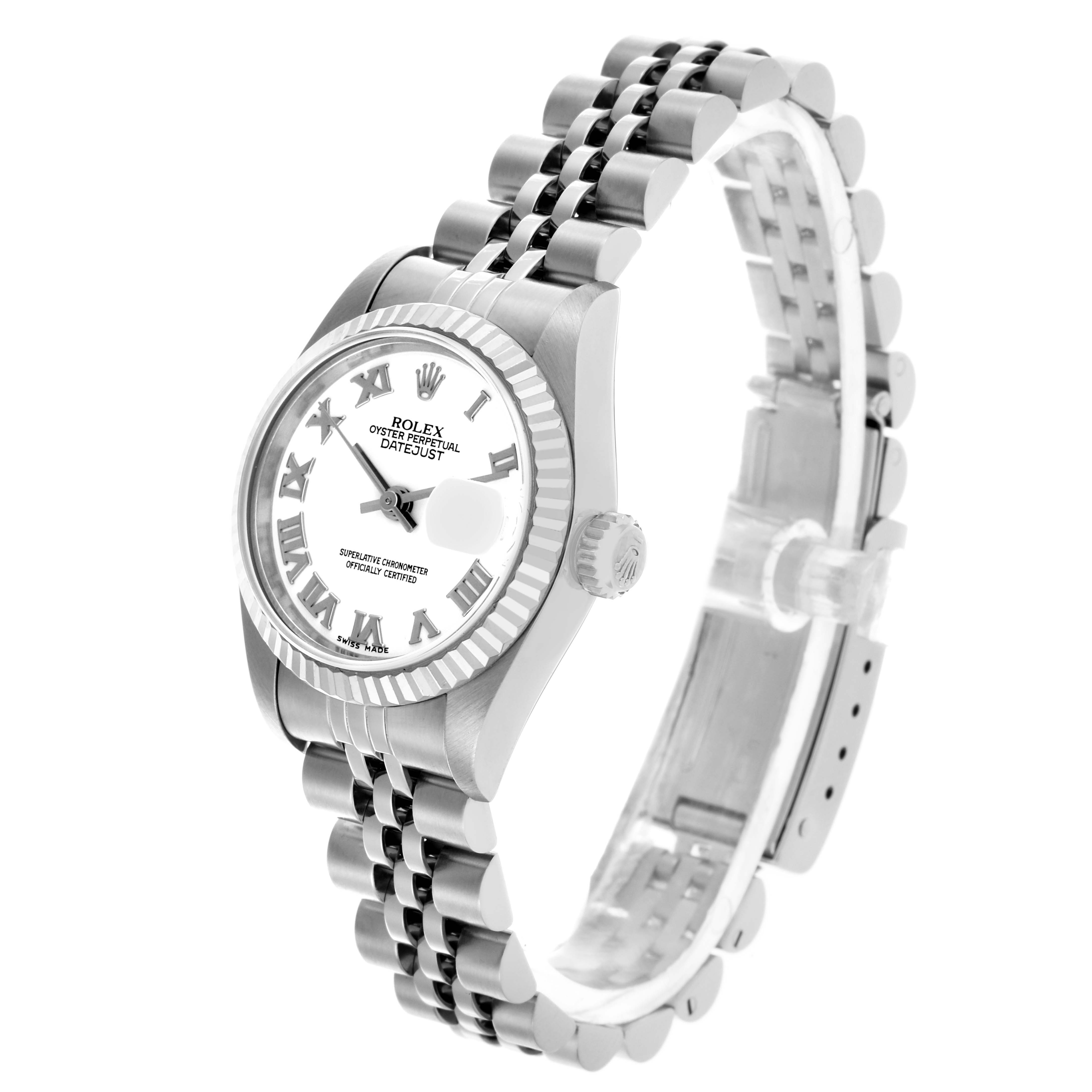 The Rolex Datejust 69174 Women's Stainless Steel White Dial 69174 Women's Stainless Steel White Dial watch is shown at a front-side angle, displaying the face, bezel, and bracelet clearly.
