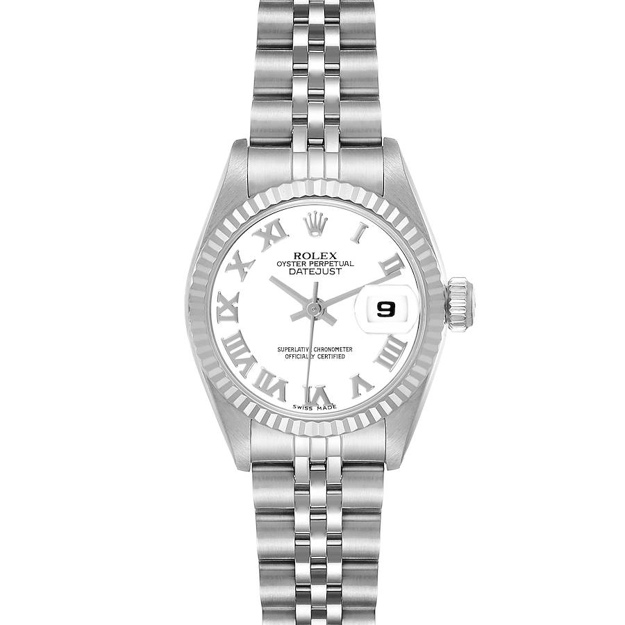 The Rolex Datejust watch is shown from a front angle, displaying the face, bezel, bracelet, and crown.