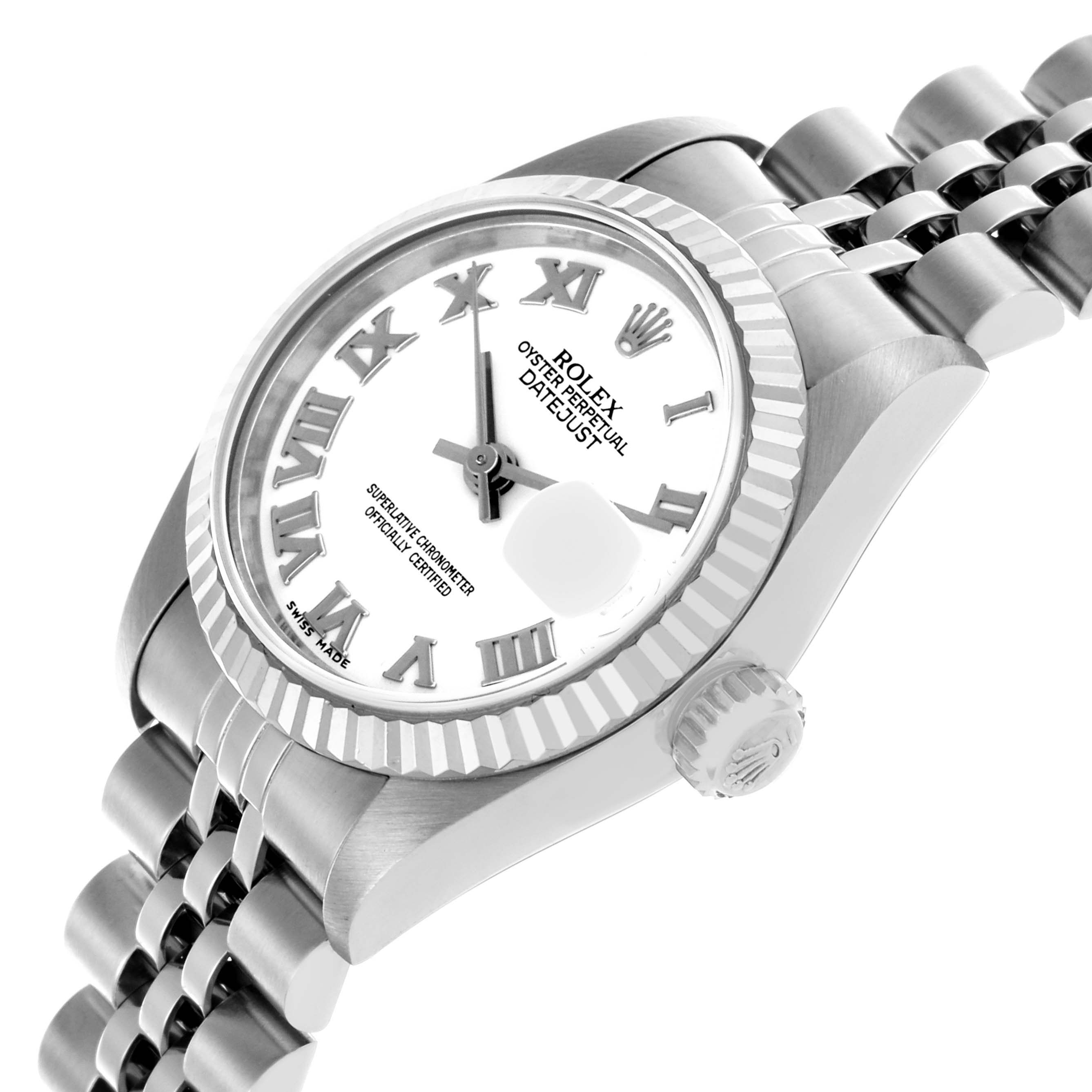 The Rolex Datejust 69174 Women's Stainless Steel White Dial 69174 Women's Stainless Steel White Dial watch is shown at an angled side view, highlighting the bezel, dial, crown, and bracelet.