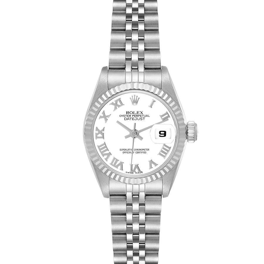 The image shows a frontal view of a Rolex Datejust watch, highlighting its white dial, Roman numerals, fluted bezel, and Jubilee bracelet.