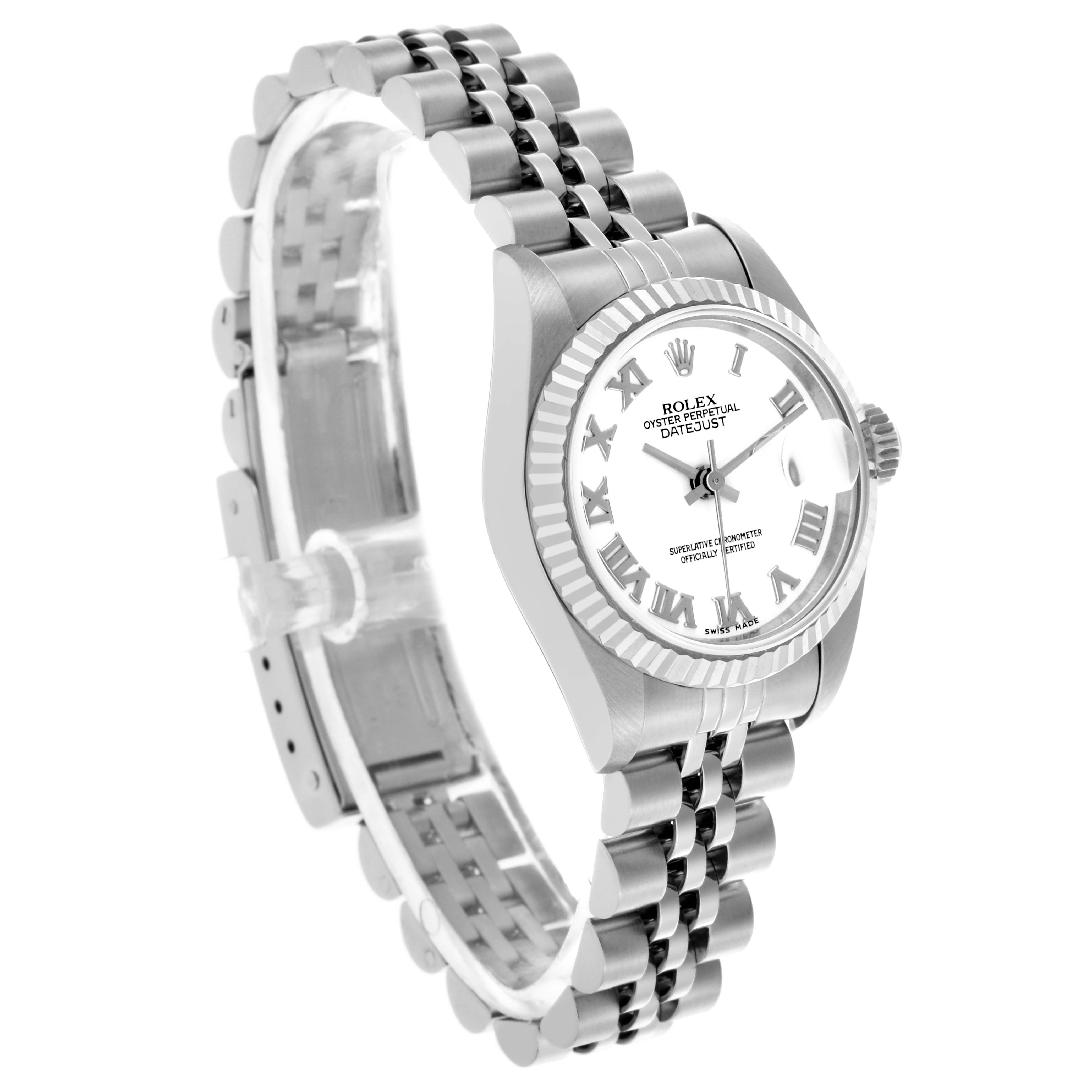 The Rolex Datejust 69174 Women's Stainless Steel White Dial 69174 Women's Stainless Steel White Dial watch is shown at a three-quarter angle, highlighting the dial, bezel, and bracelet.