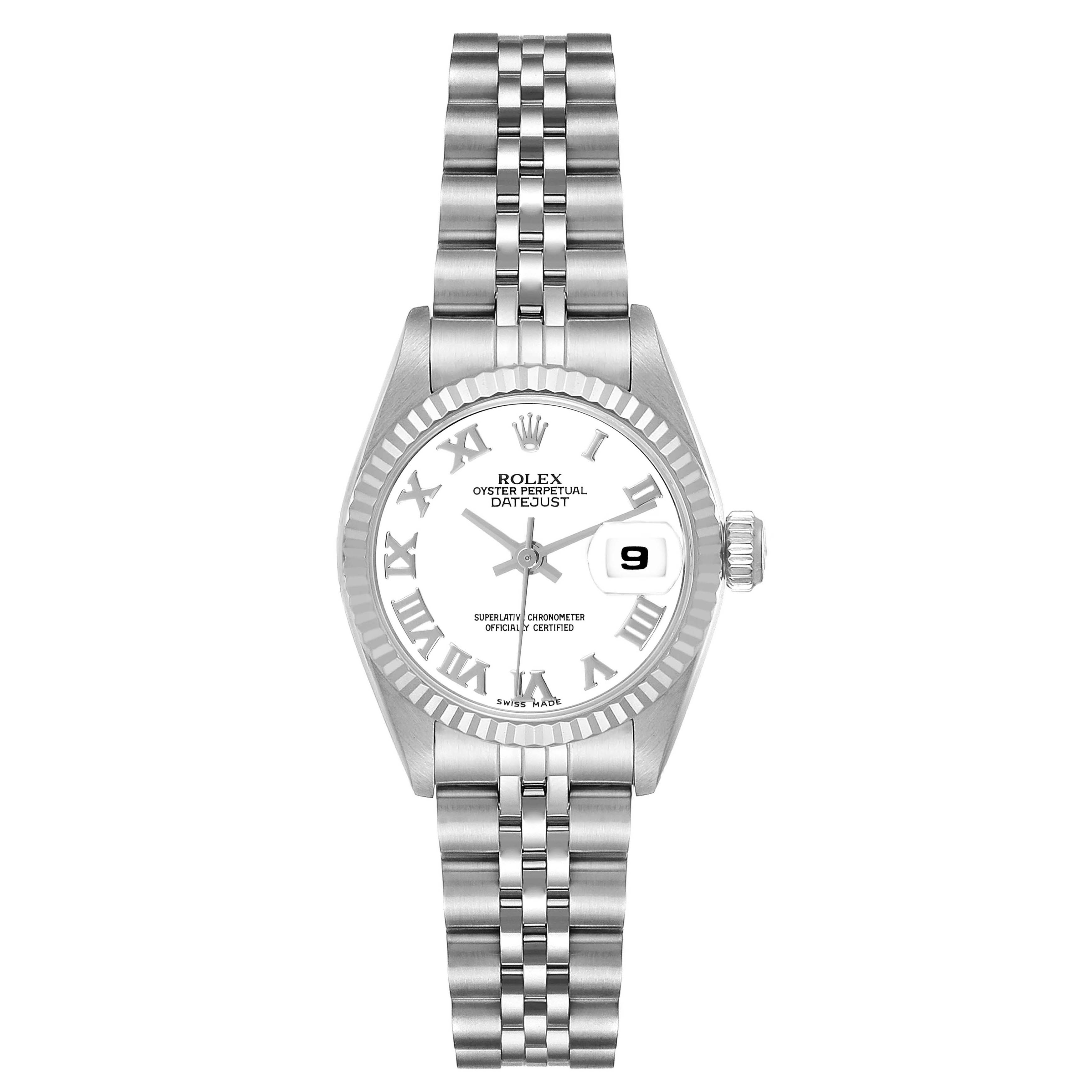 The Rolex Datejust 69174 Women's Stainless Steel White Dial 69174 Women's Stainless Steel White Dial watch is shown from the front, displaying its face, bezel, bracelet, and crown.