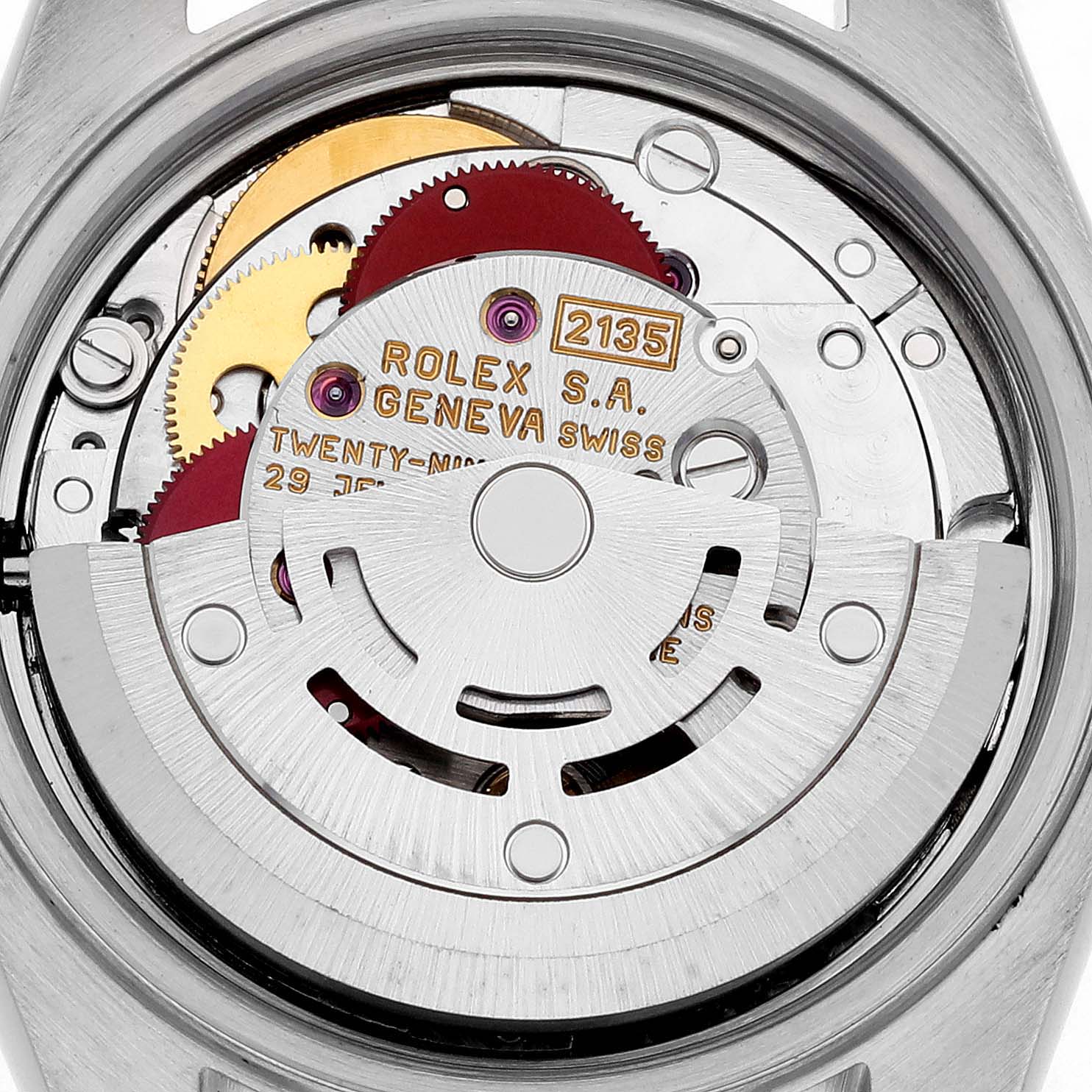 The image shows the movement and internal mechanics of a Rolex Datejust 69174 Women's Stainless Steel White Dial 69174 Women's Stainless Steel White Dial watch from a back angle.