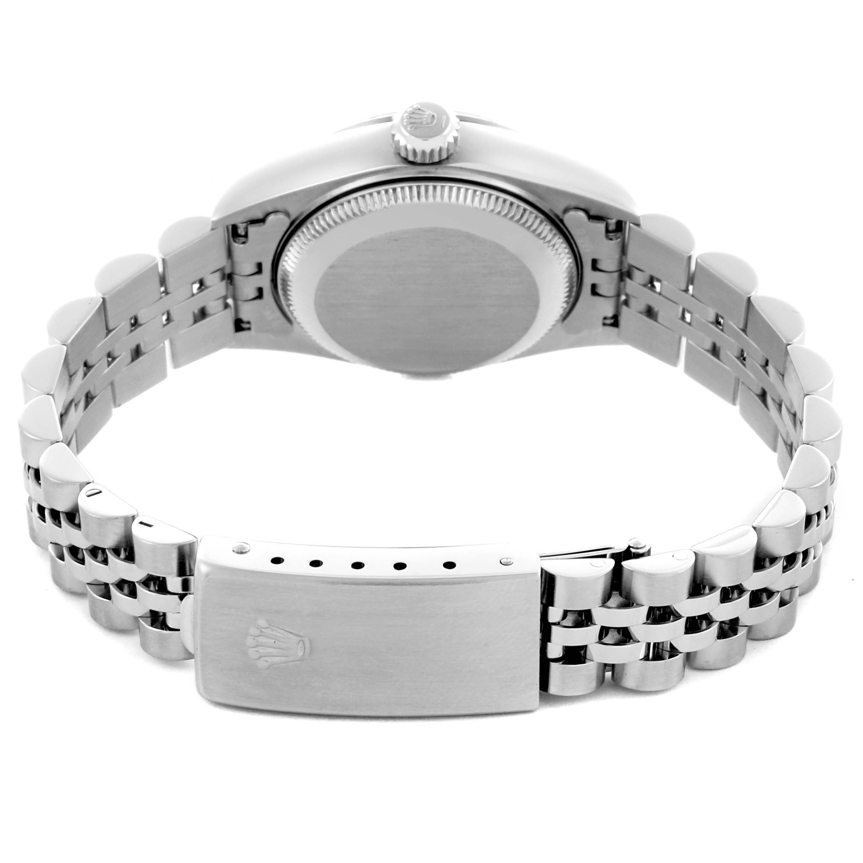 The image shows the back of a Rolex Datejust 69174 Women's Stainless Steel White Dial 69174 Women's Stainless Steel White Dial watch, highlighting its jubilee bracelet and clasp.