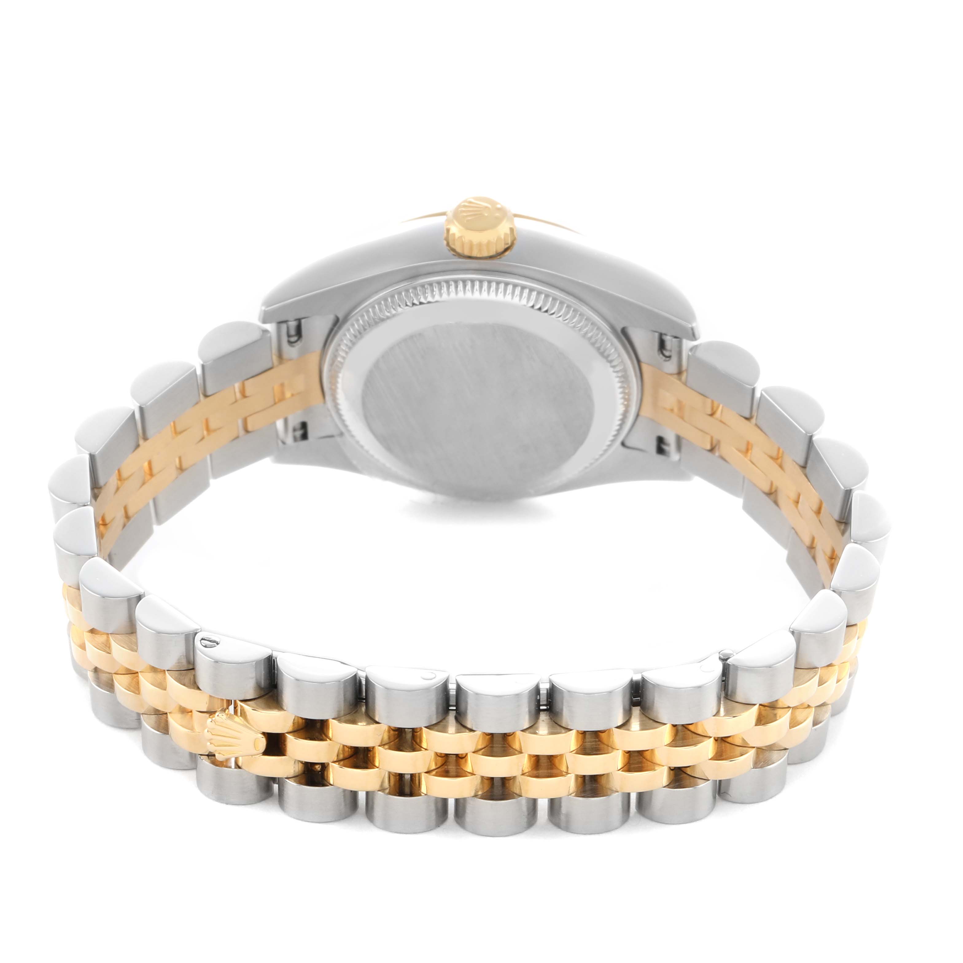 The Rolex Datejust 179173 Women's Steel and Gold (two tone) Champagne Dial watch is shown from the back, highlighting the case back and two-tone bracelet.