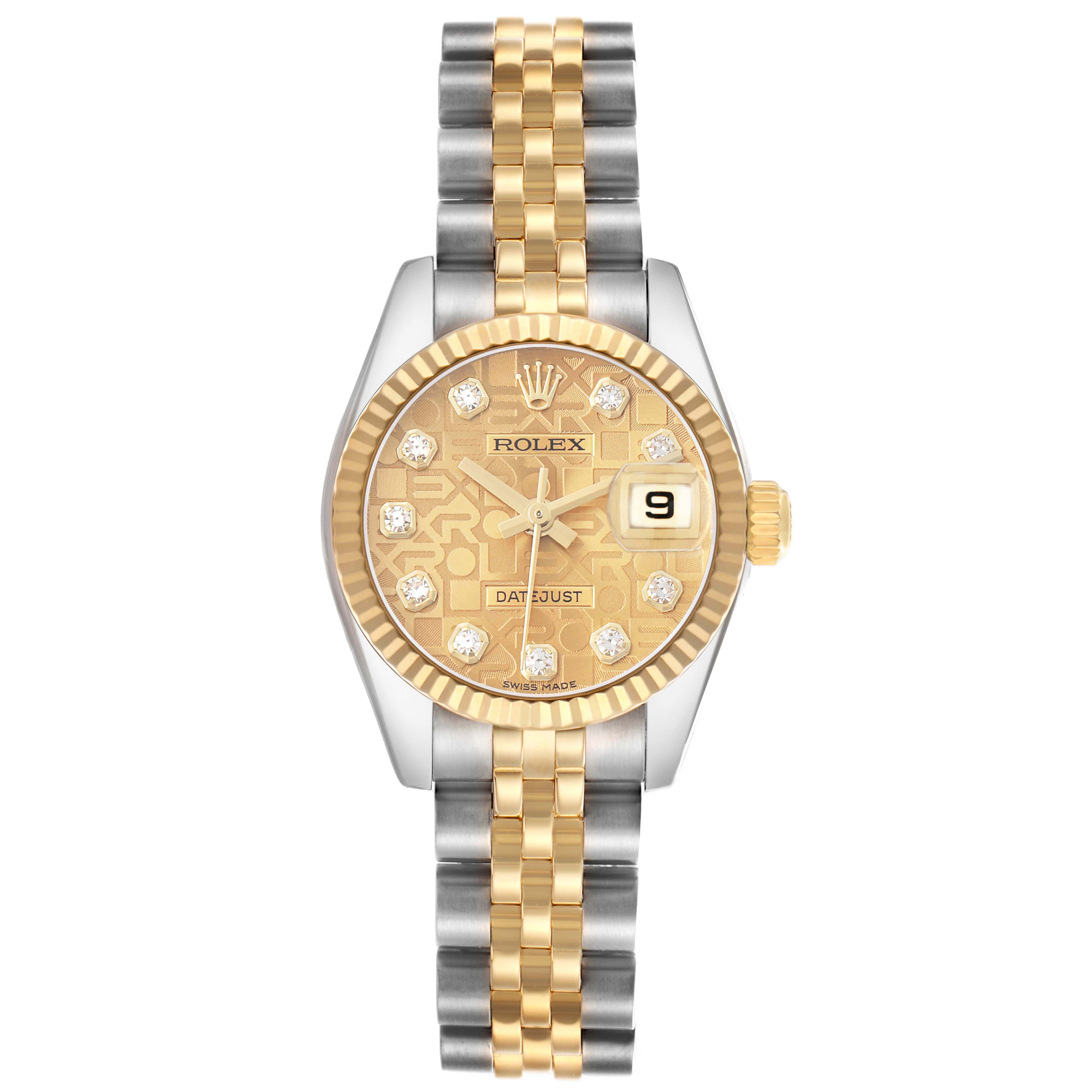 The Rolex Datejust 179173 Women's Steel and Gold (two tone) Champagne Dial watch is shown from a top-down angle, displaying the dial, fluted bezel, and two-tone bracelet.