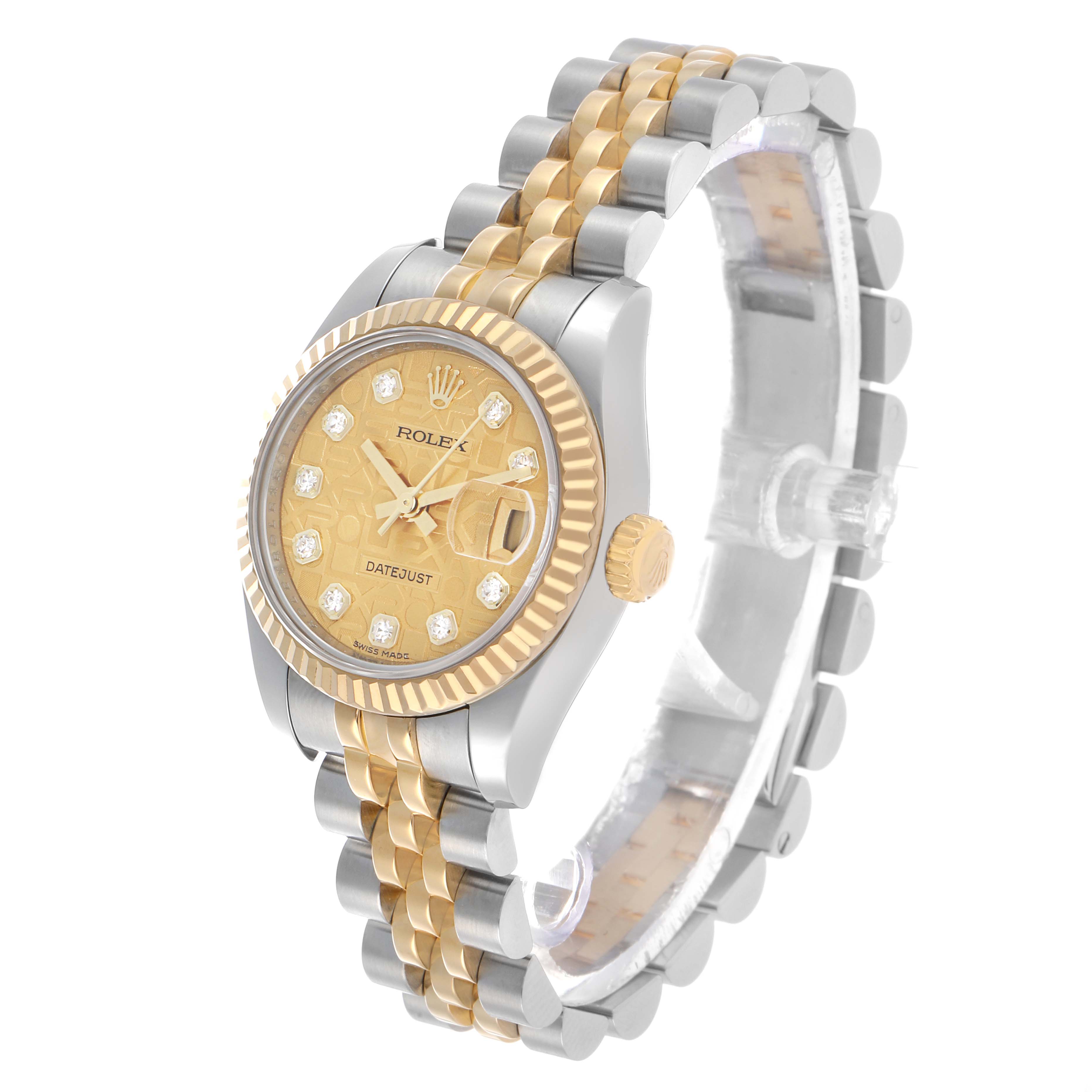 The Rolex Datejust 179173 Women's Steel and Gold (two tone) Champagne Dial watch is shown at a three-quarter angle, highlighting the face, bezel, bracelet, and crown.