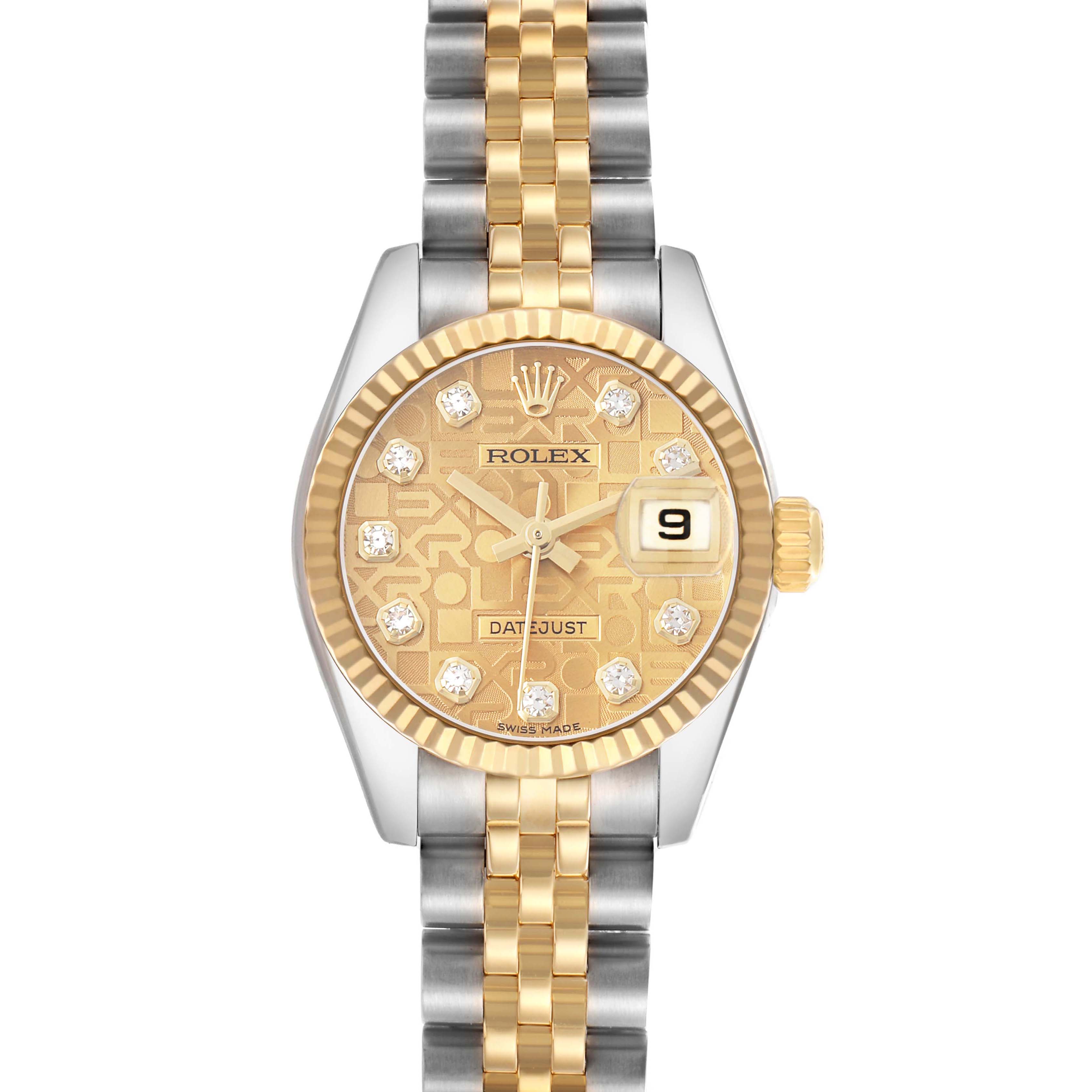 The Rolex Datejust 179173 Women's Steel and Gold (two tone) Champagne Dial watch is shown from a front view, highlighting its gold dial, diamond markers, two-tone bracelet, and date function.