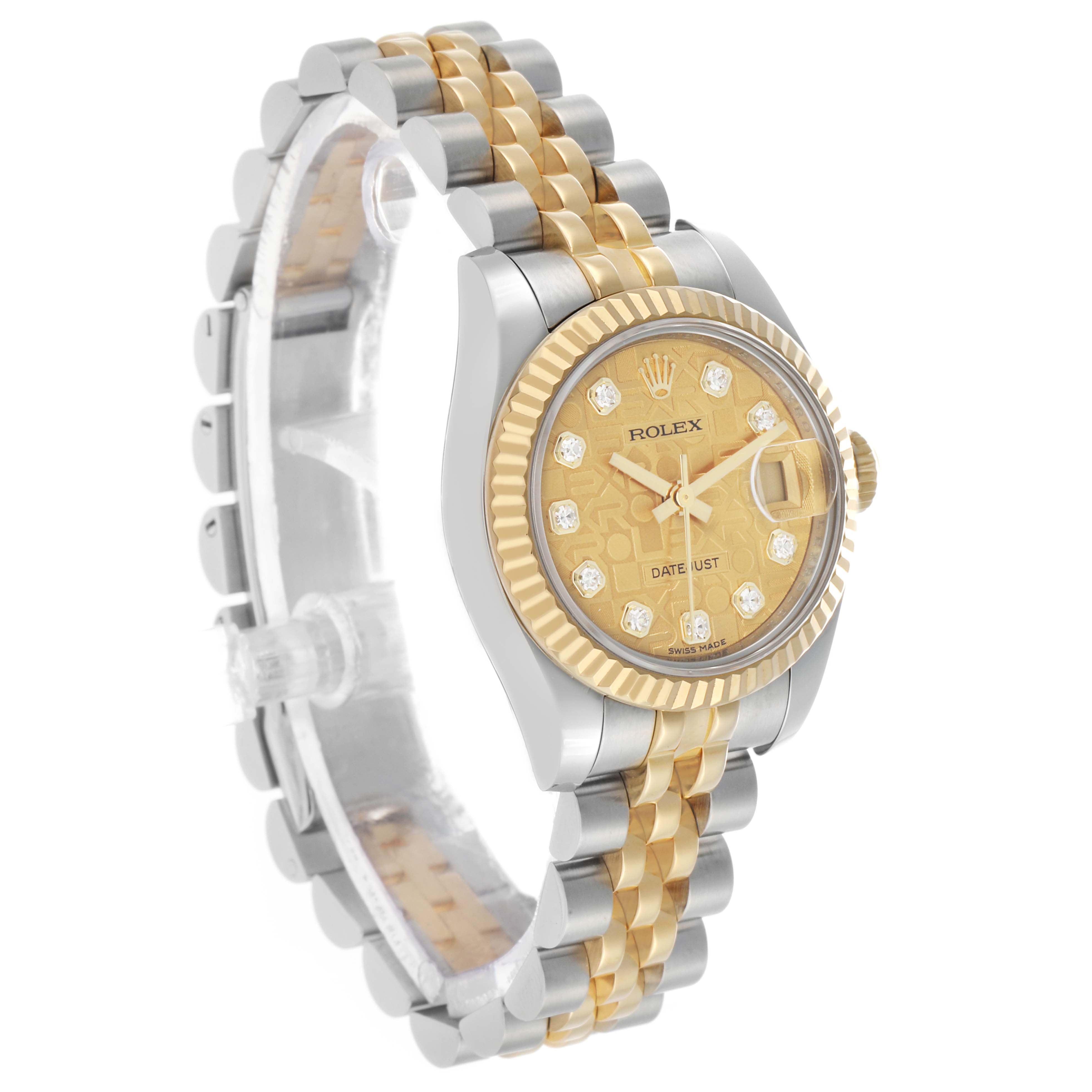 The Rolex Datejust 179173 Women's Steel and Gold (two tone) Champagne Dial watch is shown at a three-quarter angle, featuring a two-tone bracelet, fluted bezel, and diamond-set champagne dial.