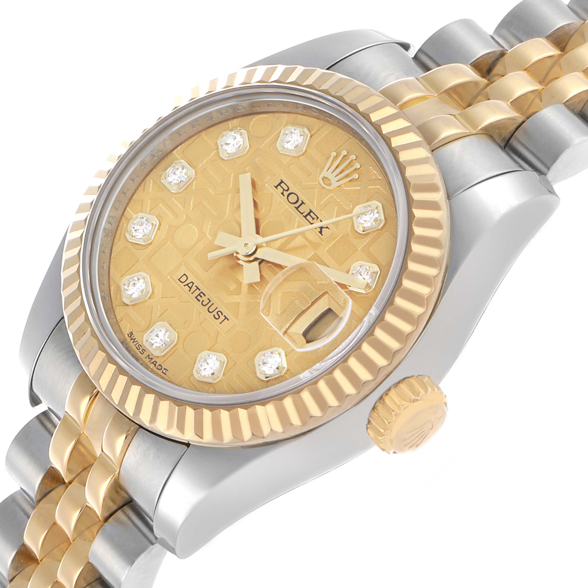 The Rolex Datejust 179173 Women's Steel and Gold (two tone) Champagne Dial watch is shown at an angled view, highlighting its gold dial, gem markers, bezel, crown, and two-tone bracelet.