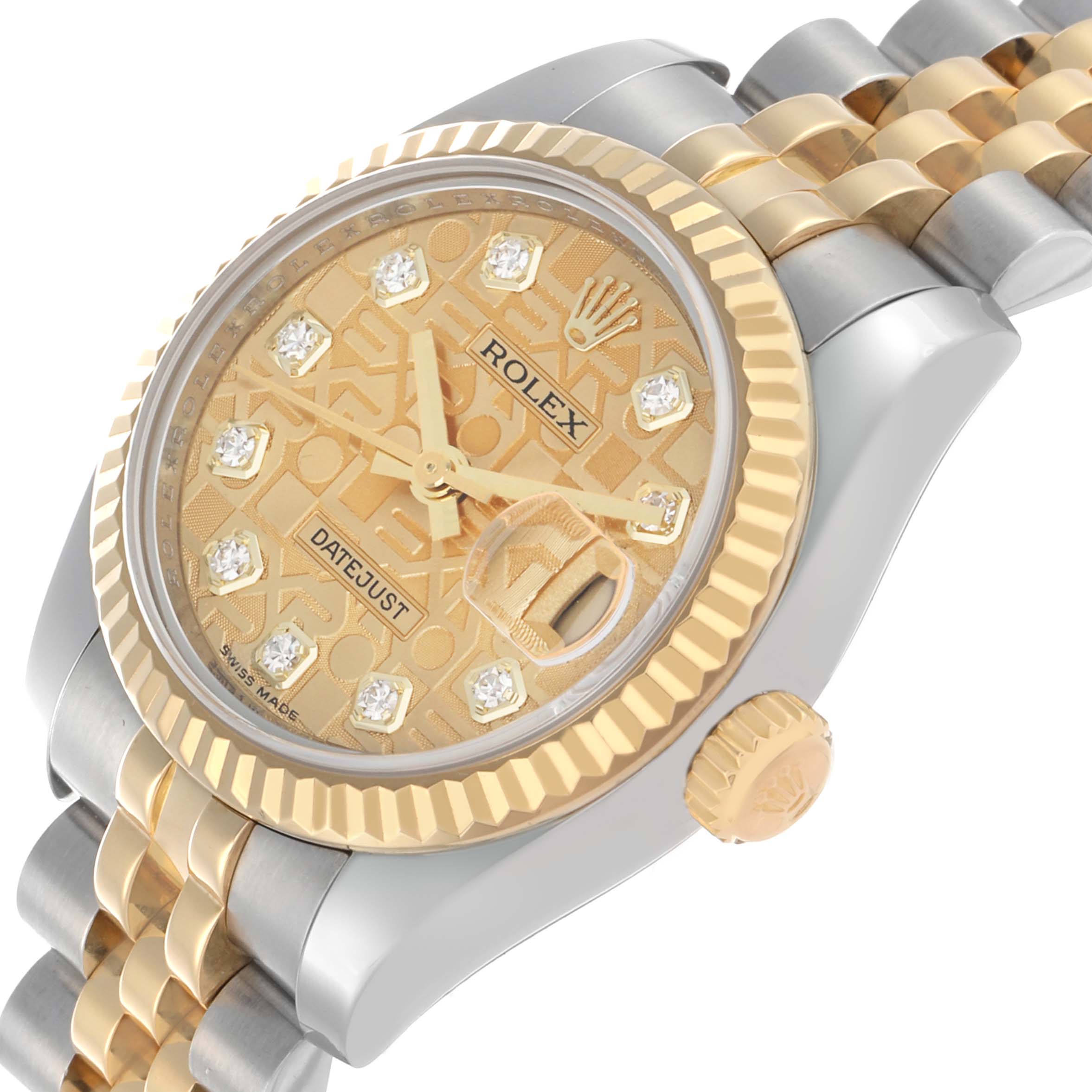 The Rolex Datejust 179173 Women's Steel and Gold (two tone) Champagne Dial watch is shown at a three-quarter angle highlighting the gold and silver bracelet, diamond indices, and fluted bezel.