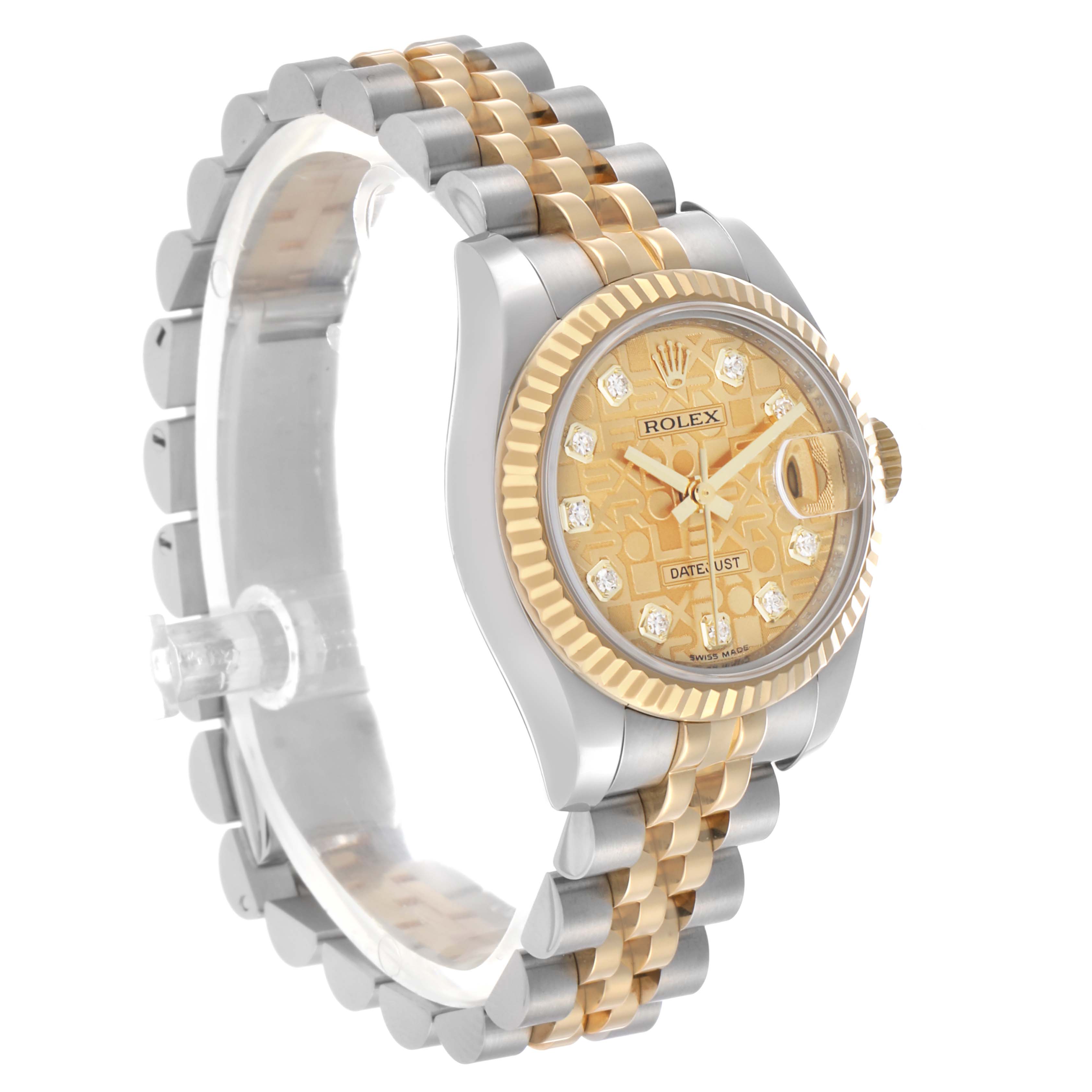 The Rolex Datejust 179173 Women's Steel and Gold (two tone) Champagne Dial is shown at a three-quarter angle, highlighting the gold and silver Jubilee bracelet and diamond-accented dial.