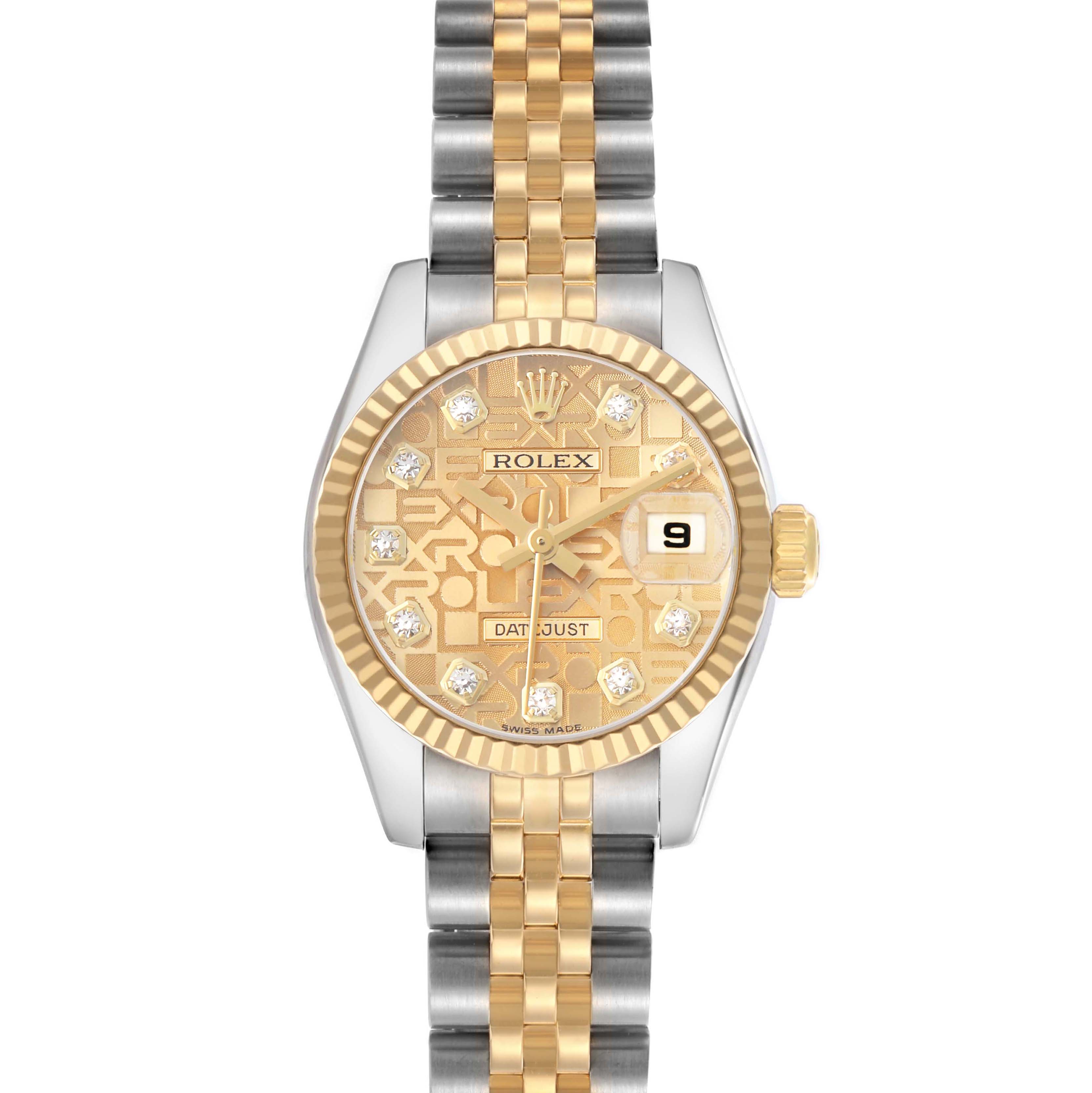The Rolex Datejust 179173 Women's Steel and Gold (two tone) Champagne Dial watch is shown from a front angle, displaying the dial, bezel, and bracelet.